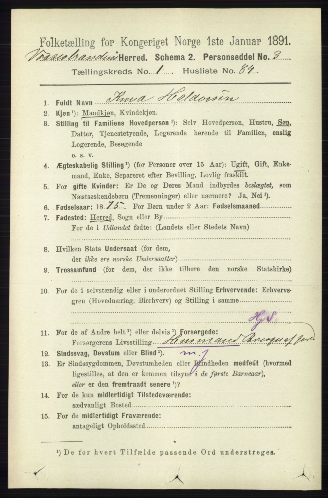 RA, 1891 census for 1236 Vossestrand, 1891, p. 638