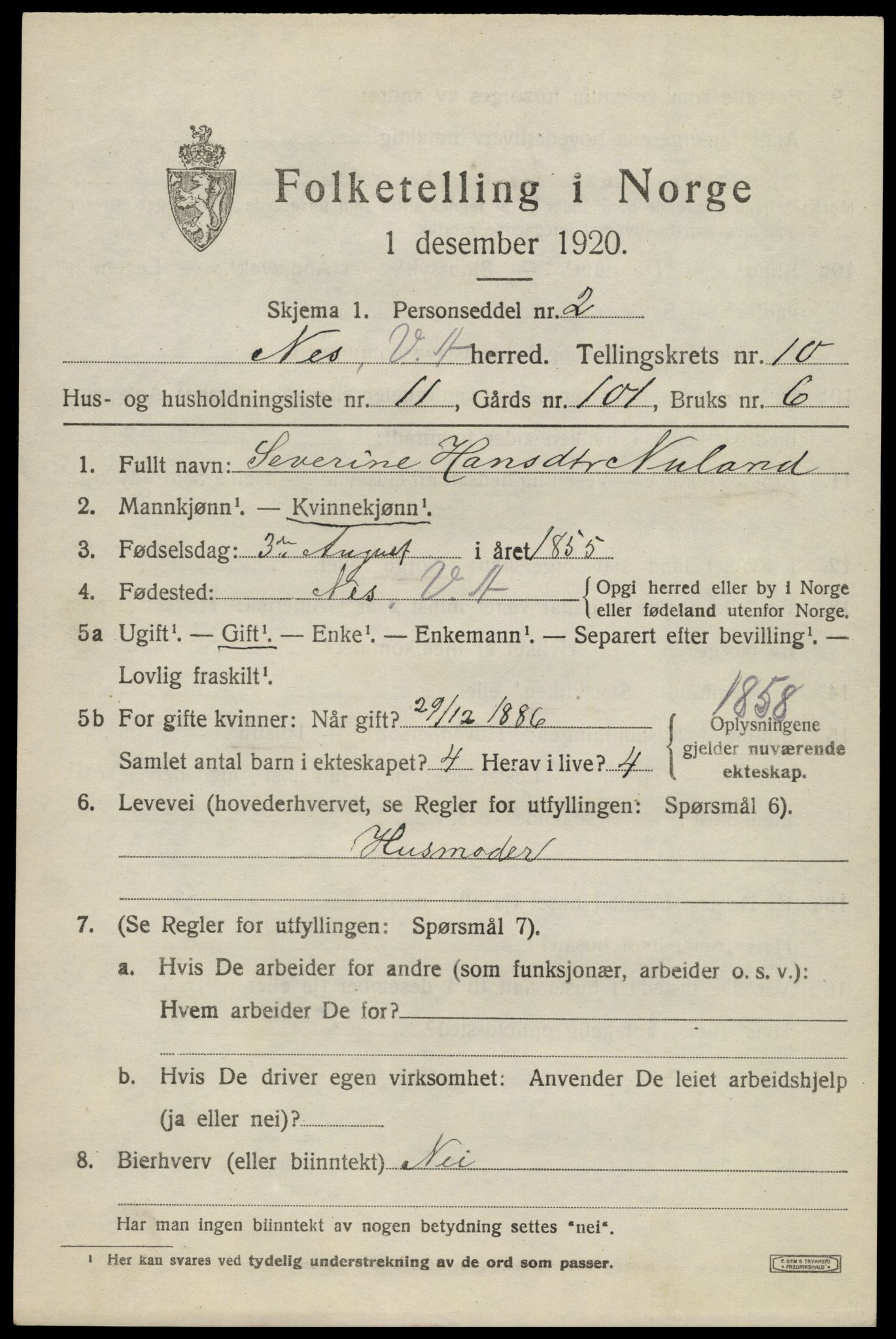 SAK, 1920 census for Nes (V-A), 1920, p. 3954