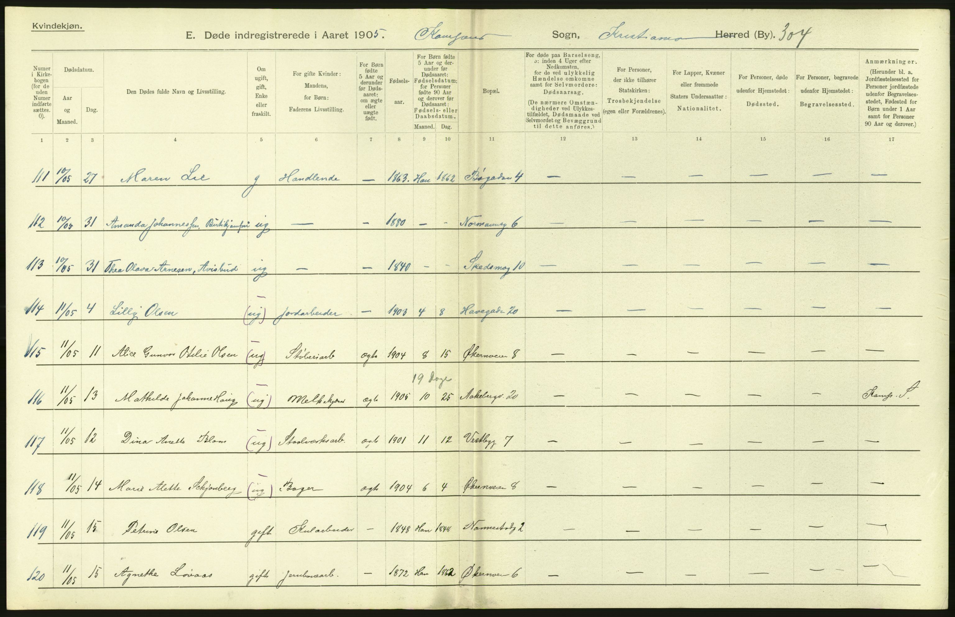 Statistisk sentralbyrå, Sosiodemografiske emner, Befolkning, RA/S-2228/D/Df/Dfa/Dfac/L0007a: Kristiania: Døde, dødfødte., 1905, p. 204