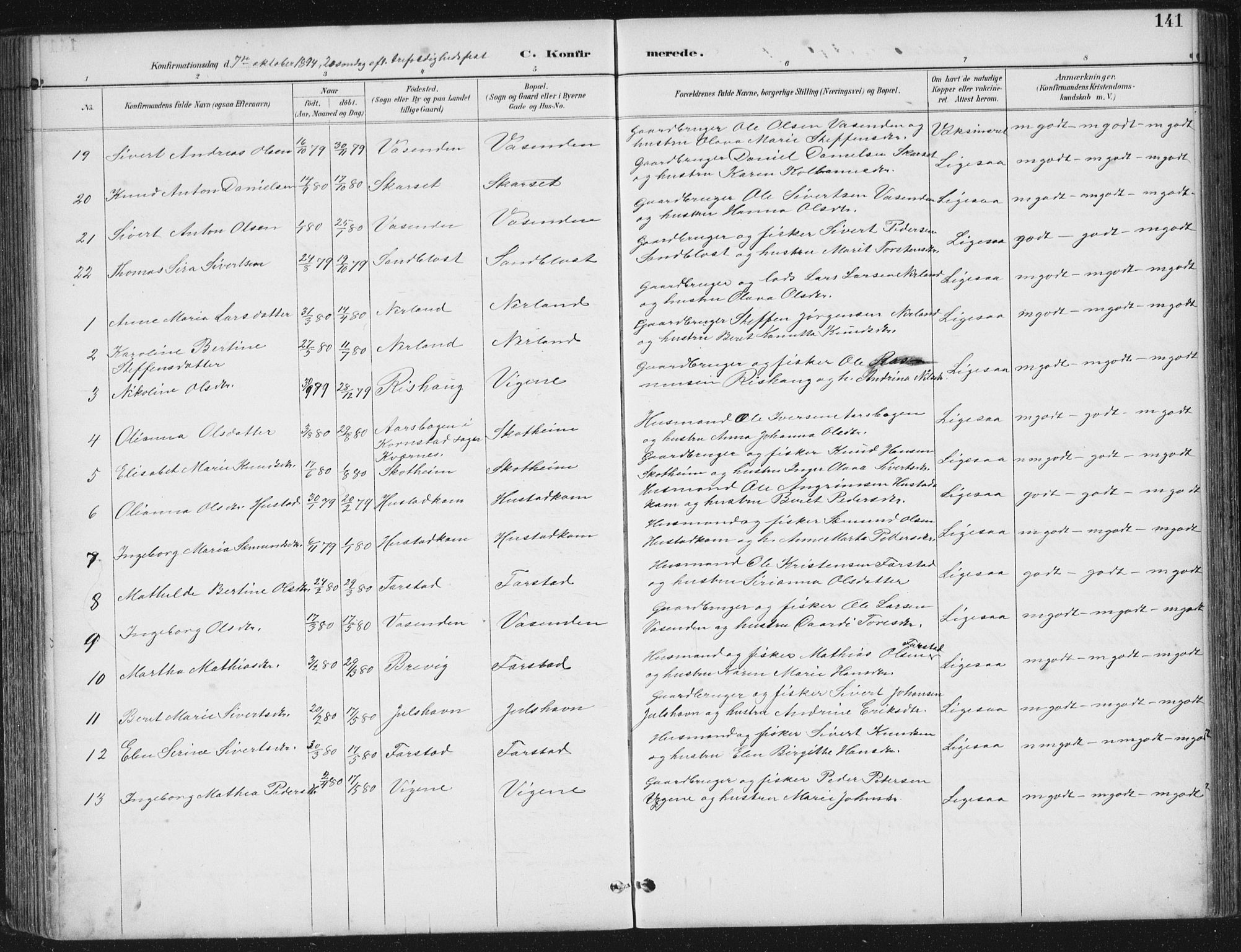 Ministerialprotokoller, klokkerbøker og fødselsregistre - Møre og Romsdal, AV/SAT-A-1454/567/L0783: Parish register (copy) no. 567C03, 1887-1903, p. 141