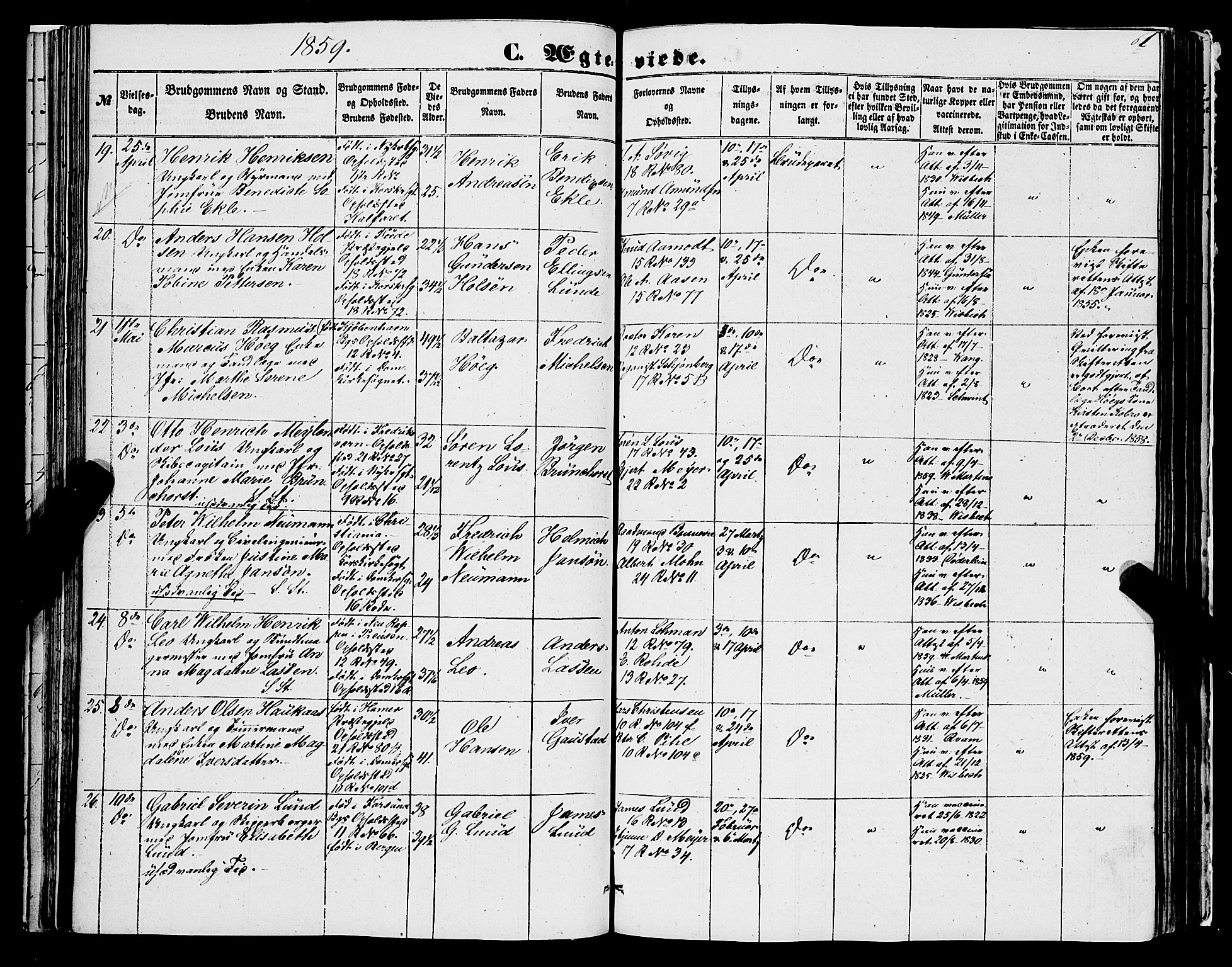 Domkirken sokneprestembete, AV/SAB-A-74801/H/Haa/L0034: Parish register (official) no. D 2, 1853-1874, p. 61