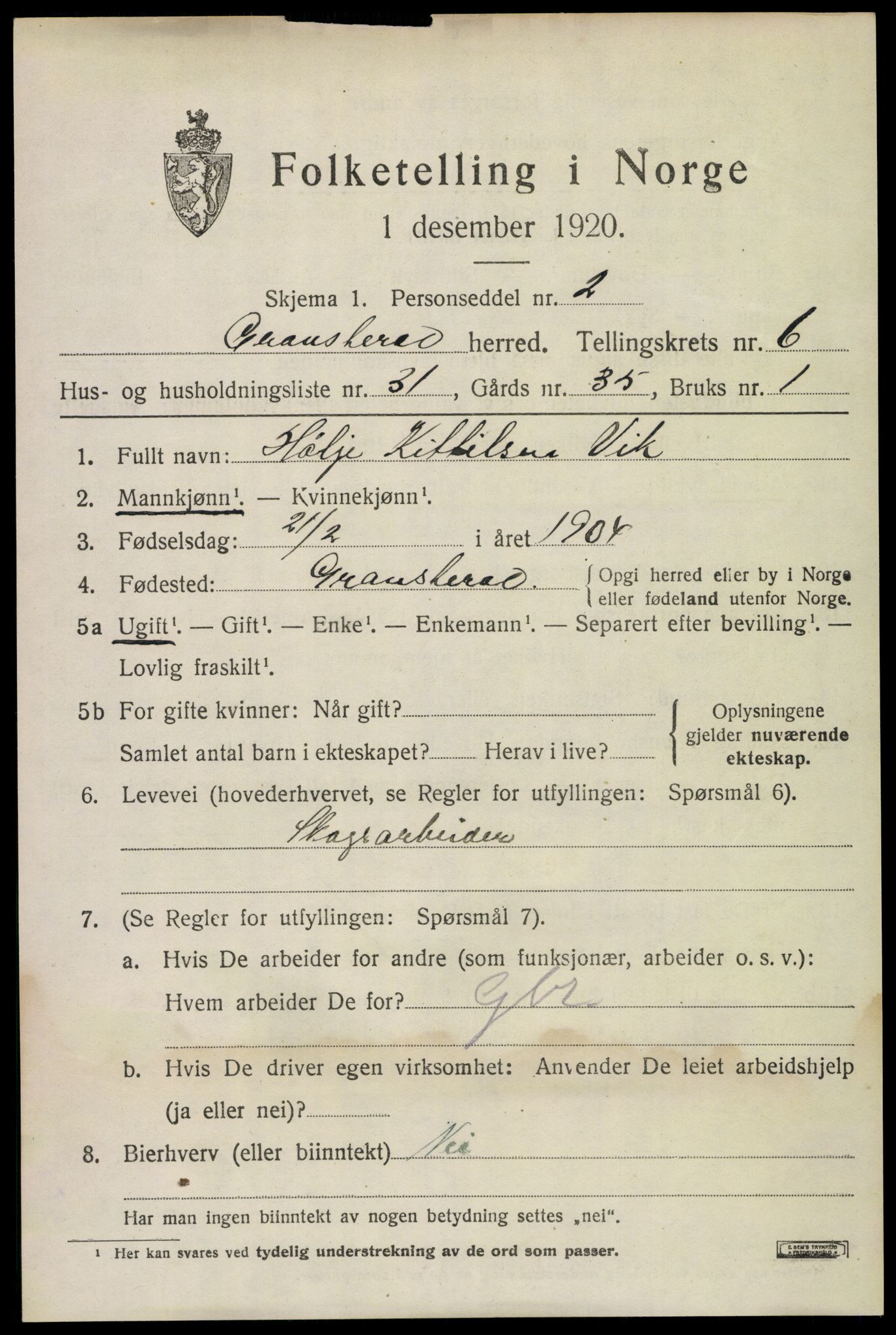 SAKO, 1920 census for Gransherad, 1920, p. 2696