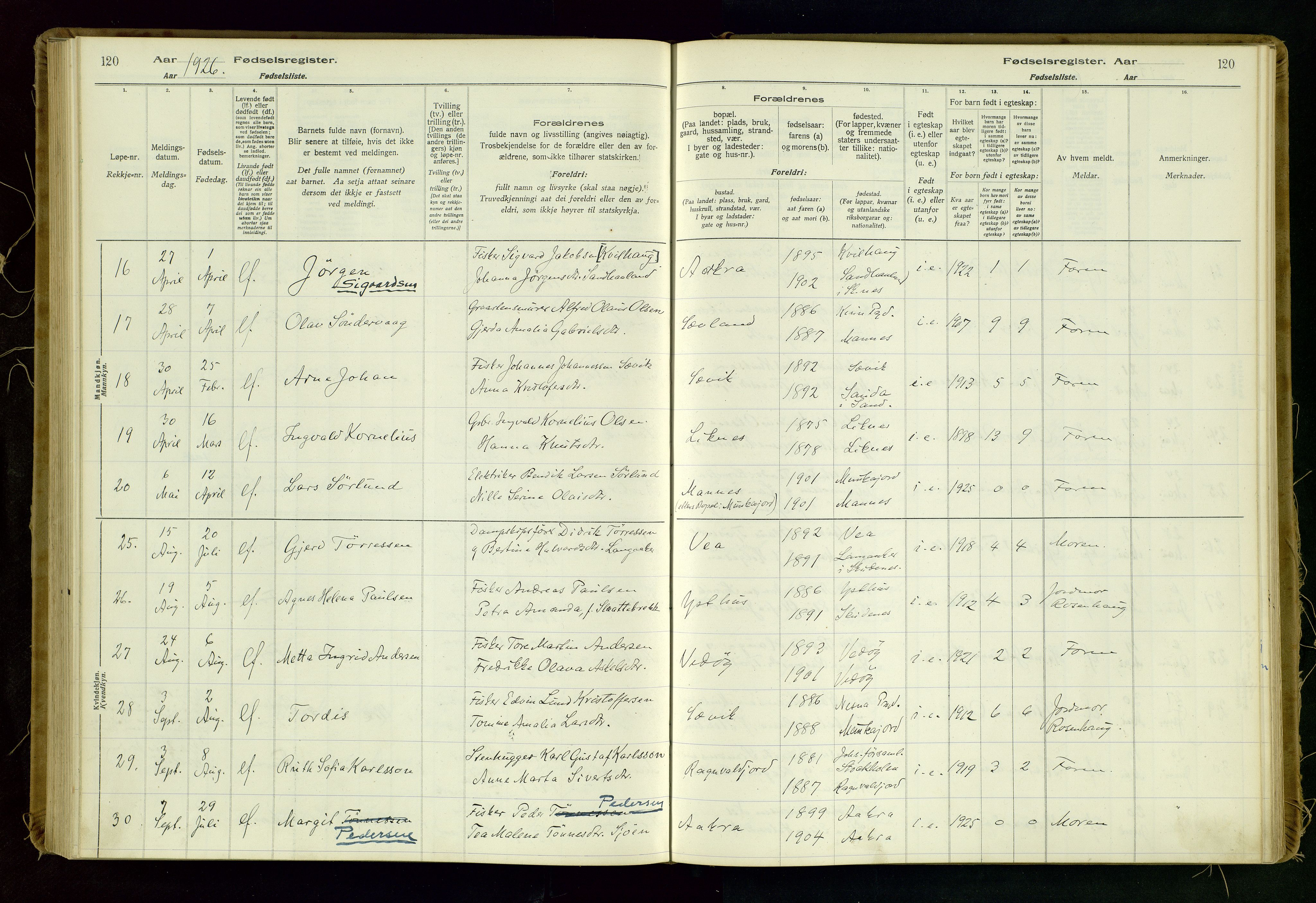 Kopervik sokneprestkontor, AV/SAST-A-101850/I/Id/L0006: Birth register no. 6, 1916-1934, p. 120