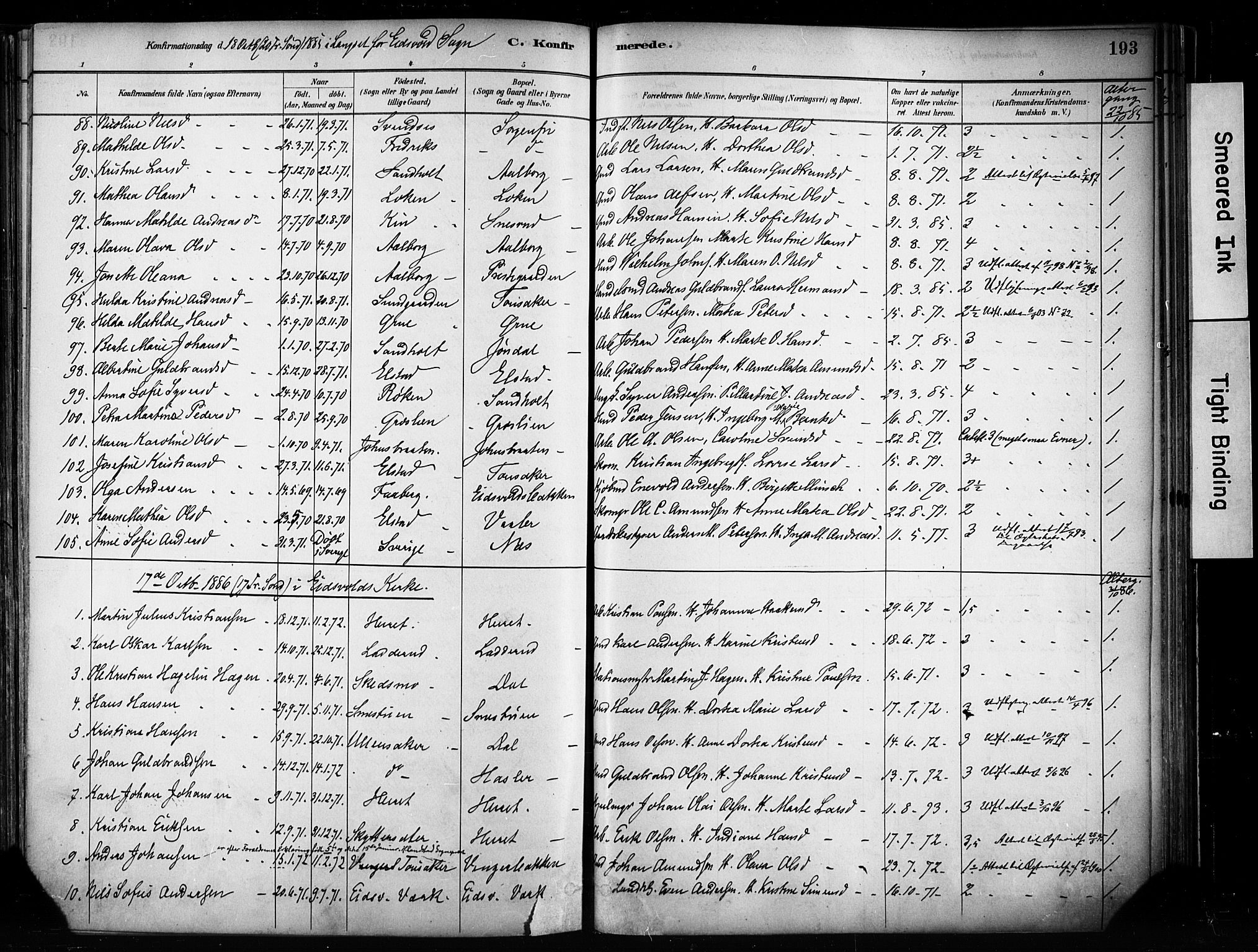 Eidsvoll prestekontor Kirkebøker, SAO/A-10888/F/Fa/L0002: Parish register (official) no. I 2, 1882-1895, p. 193