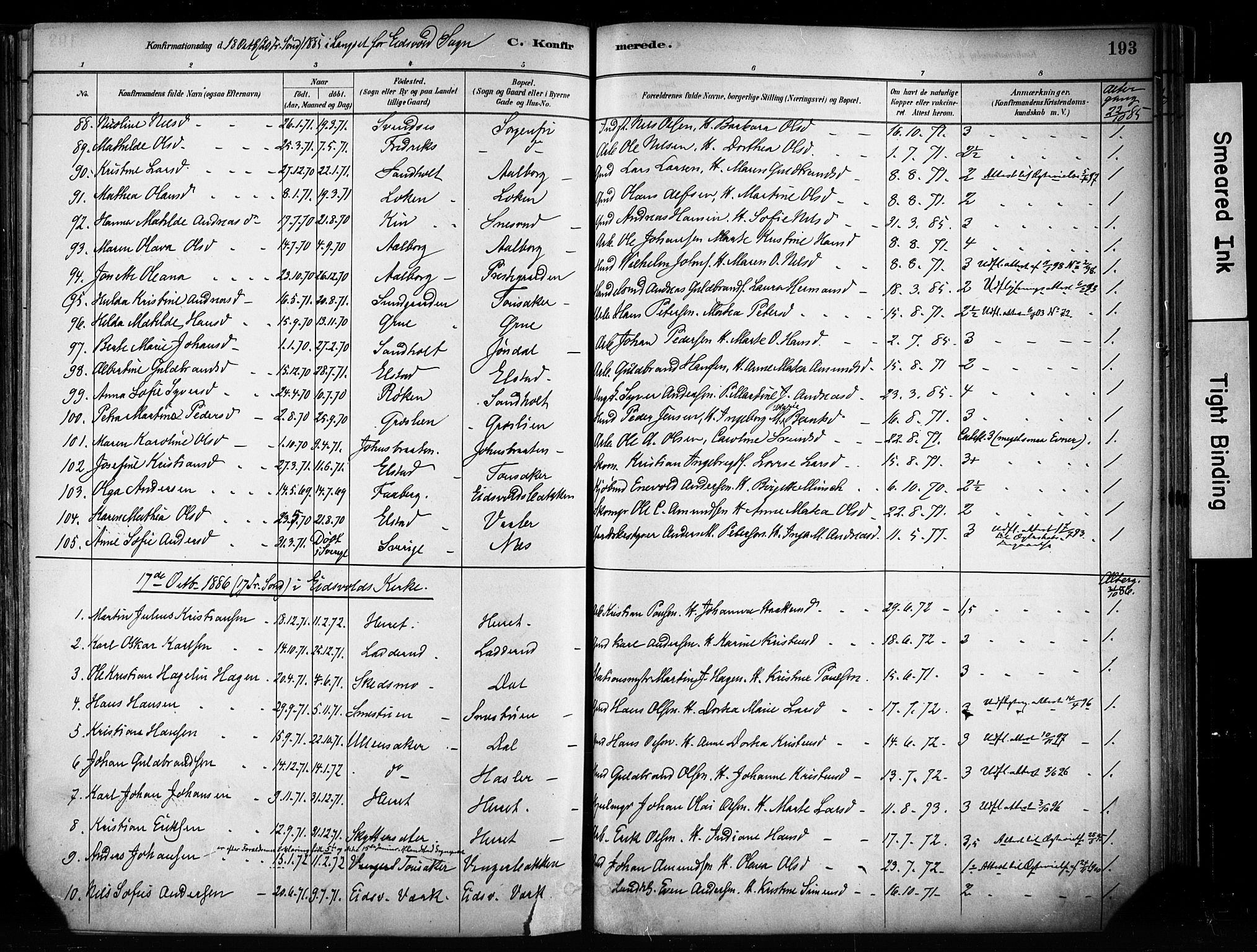 Eidsvoll prestekontor Kirkebøker, AV/SAO-A-10888/F/Fa/L0002: Parish register (official) no. I 2, 1882-1895, p. 193