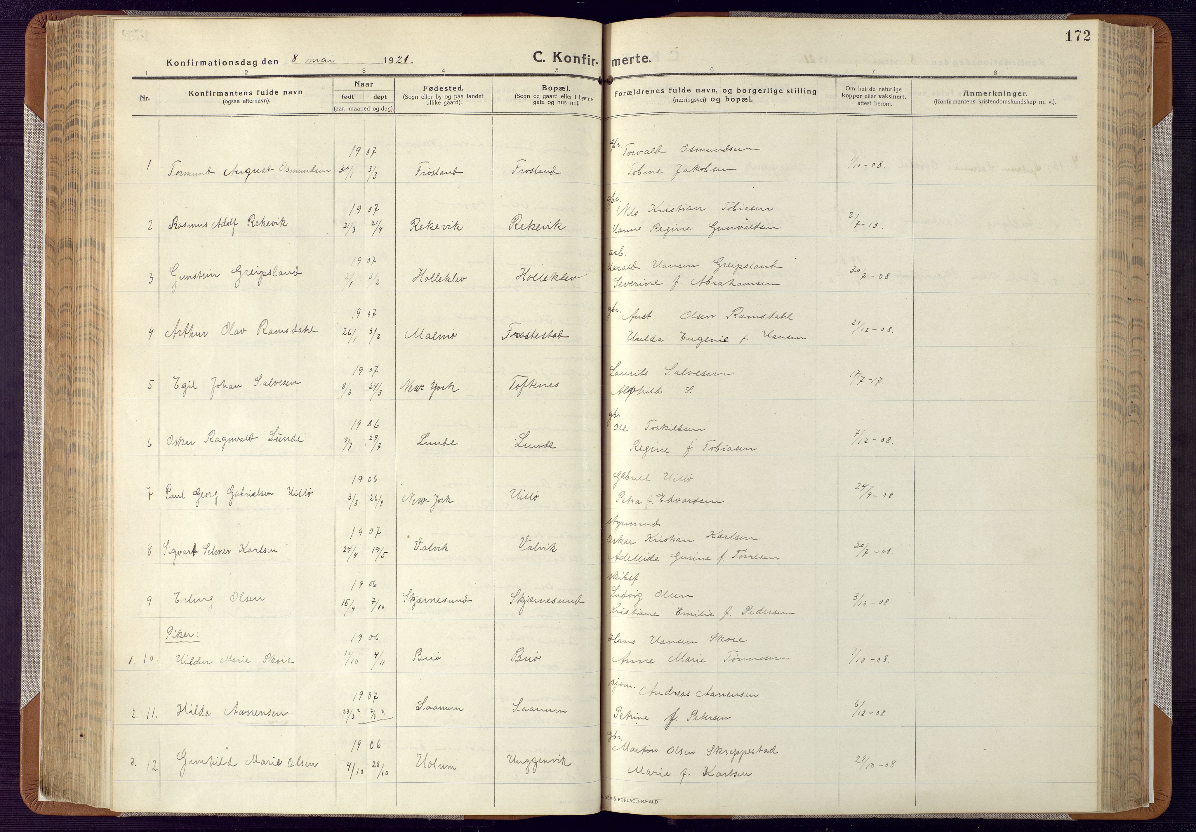 Mandal sokneprestkontor, SAK/1111-0030/F/Fa/Faa/L0022: Parish register (official) no. A 22, 1913-1925, p. 172