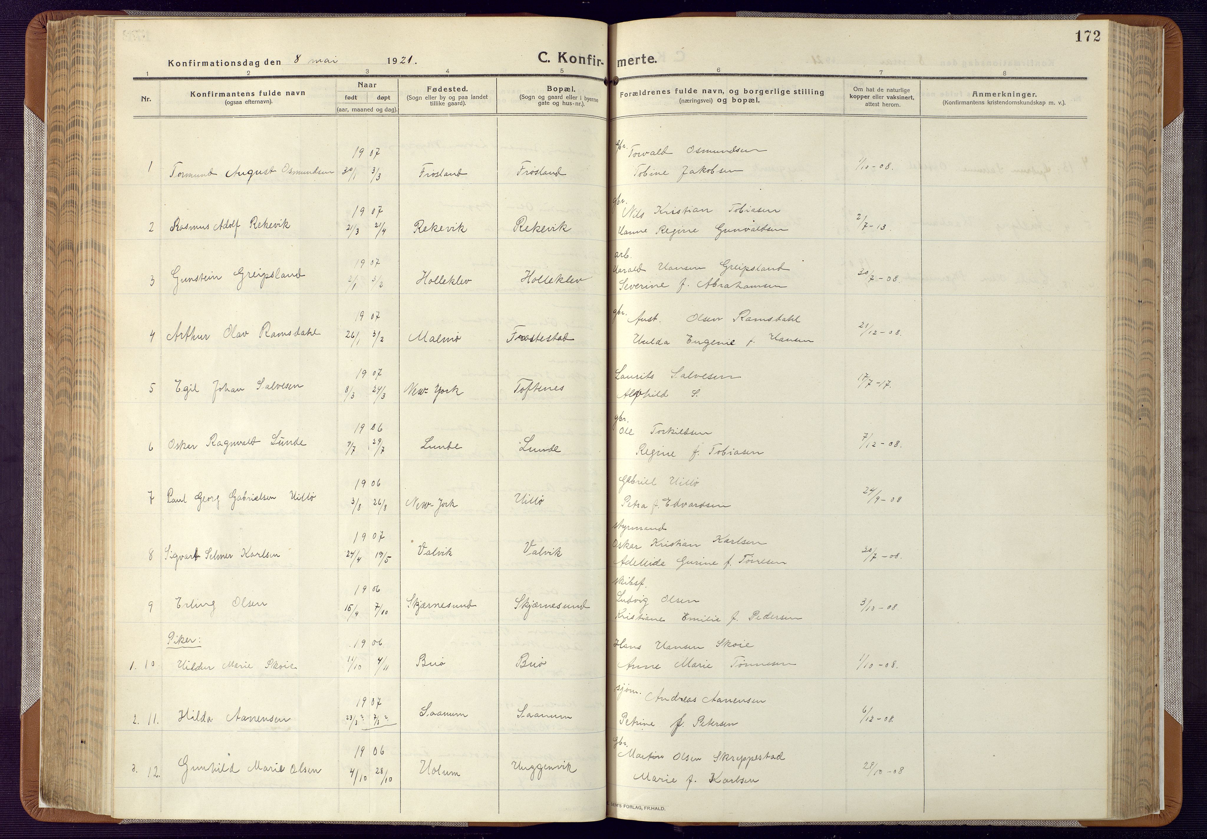 Mandal sokneprestkontor, AV/SAK-1111-0030/F/Fa/Faa/L0022: Parish register (official) no. A 22, 1913-1925, p. 172