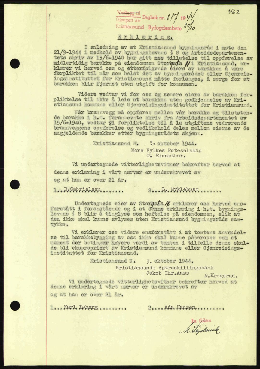 Kristiansund byfogd, SAT/A-4587/A/27: Mortgage book no. 37-38, 1943-1945, Diary no: : 817/1944