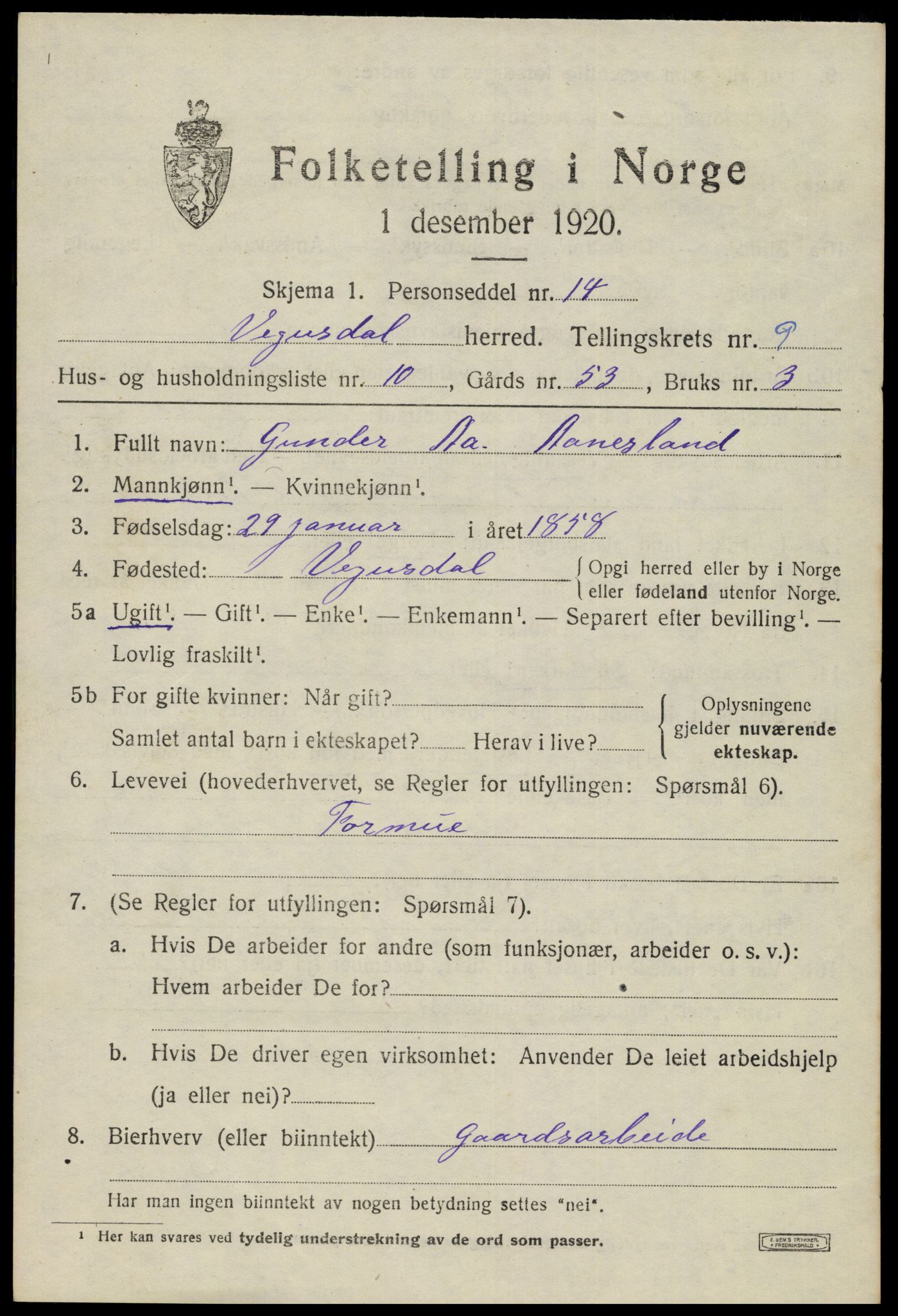 SAK, 1920 census for Vegusdal, 1920, p. 2061