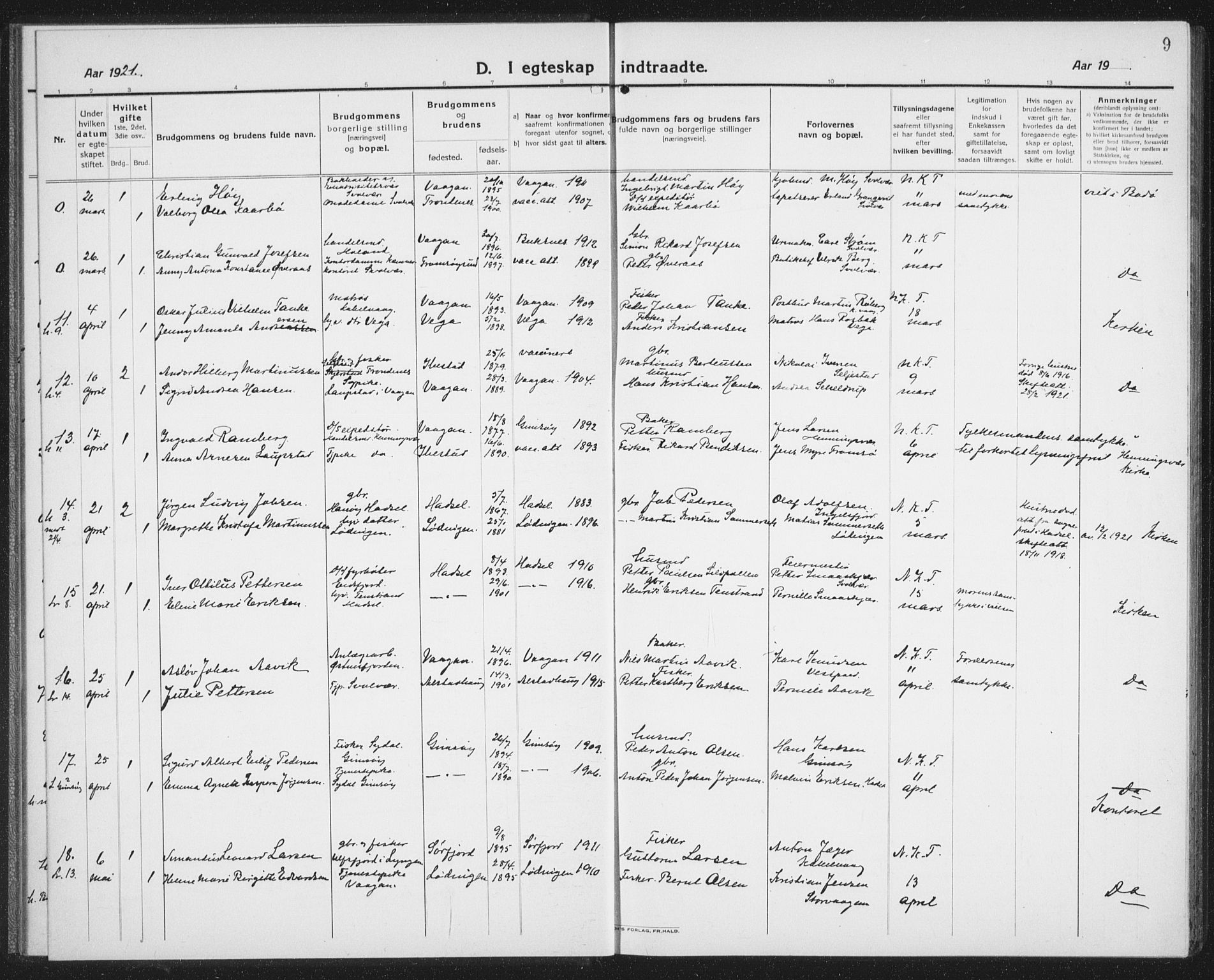 Ministerialprotokoller, klokkerbøker og fødselsregistre - Nordland, AV/SAT-A-1459/874/L1082: Parish register (copy) no. 874C11, 1920-1939, p. 9