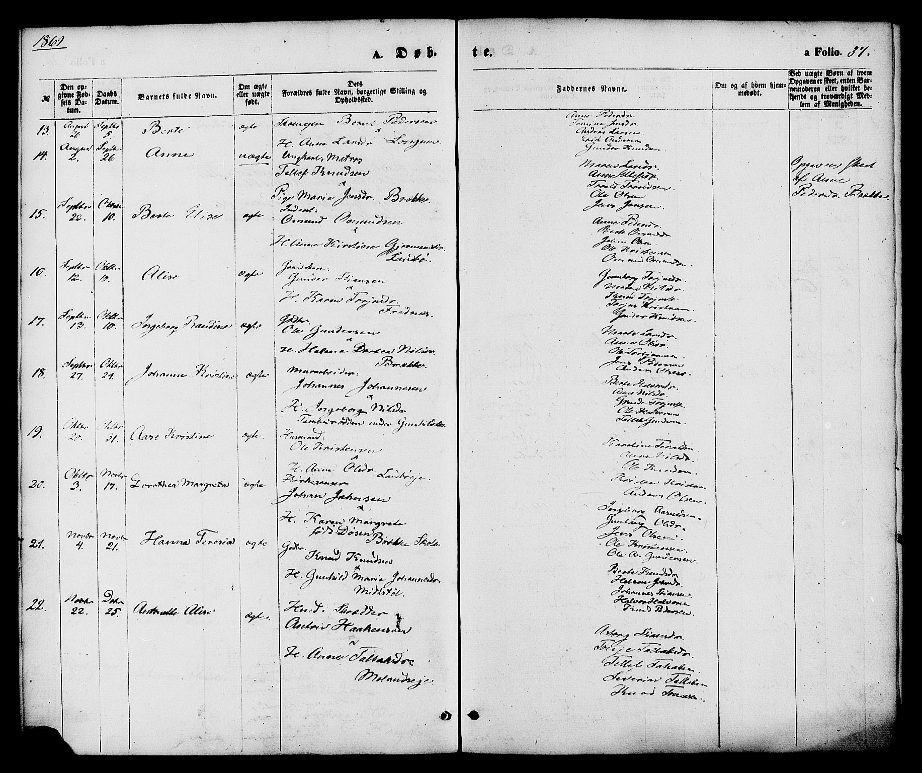 Austre Moland sokneprestkontor, AV/SAK-1111-0001/F/Fa/Faa/L0009: Parish register (official) no. A 9, 1869-1879, p. 37