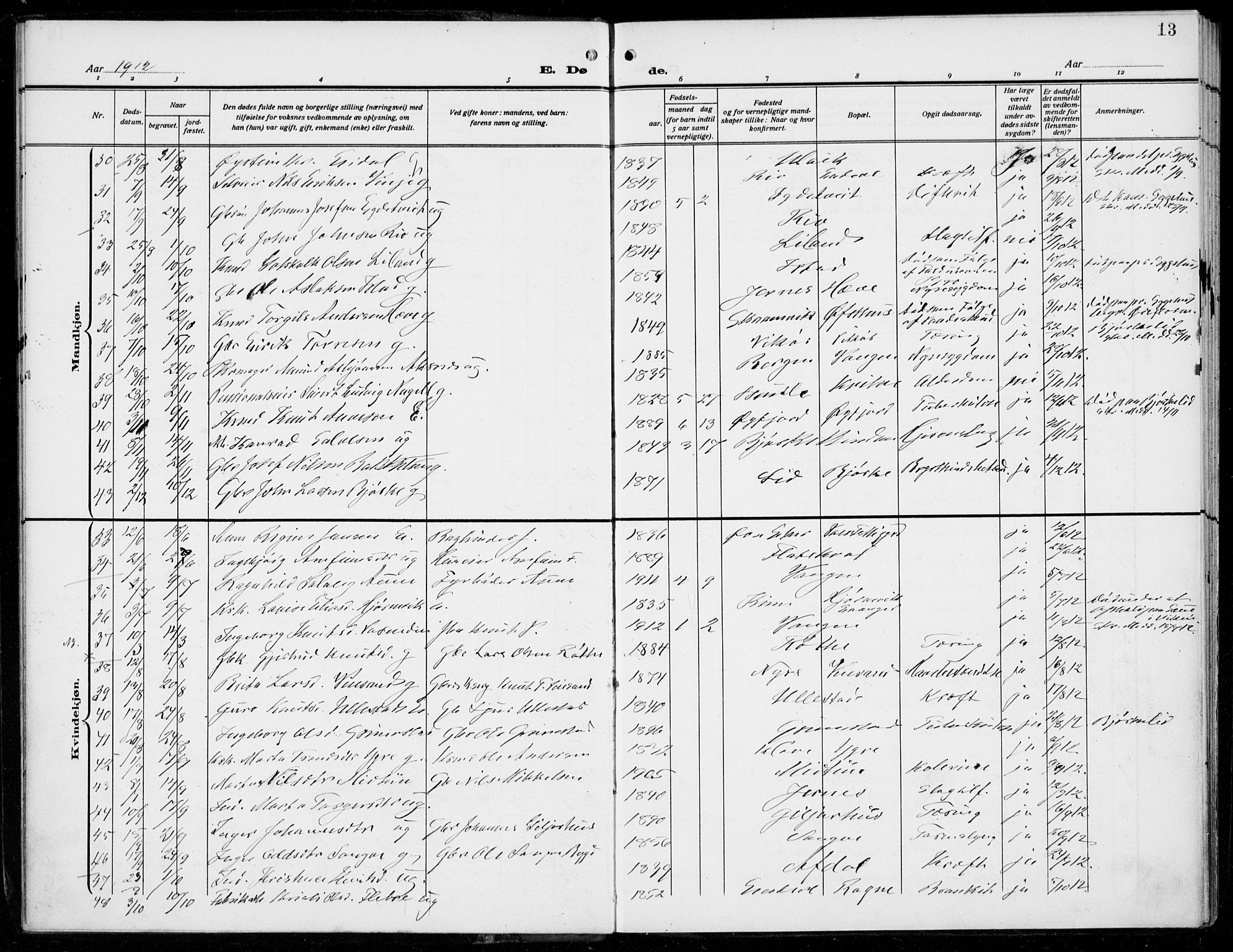 Voss sokneprestembete, AV/SAB-A-79001/H/Haa: Parish register (official) no. D  2, 1910-1932, p. 13