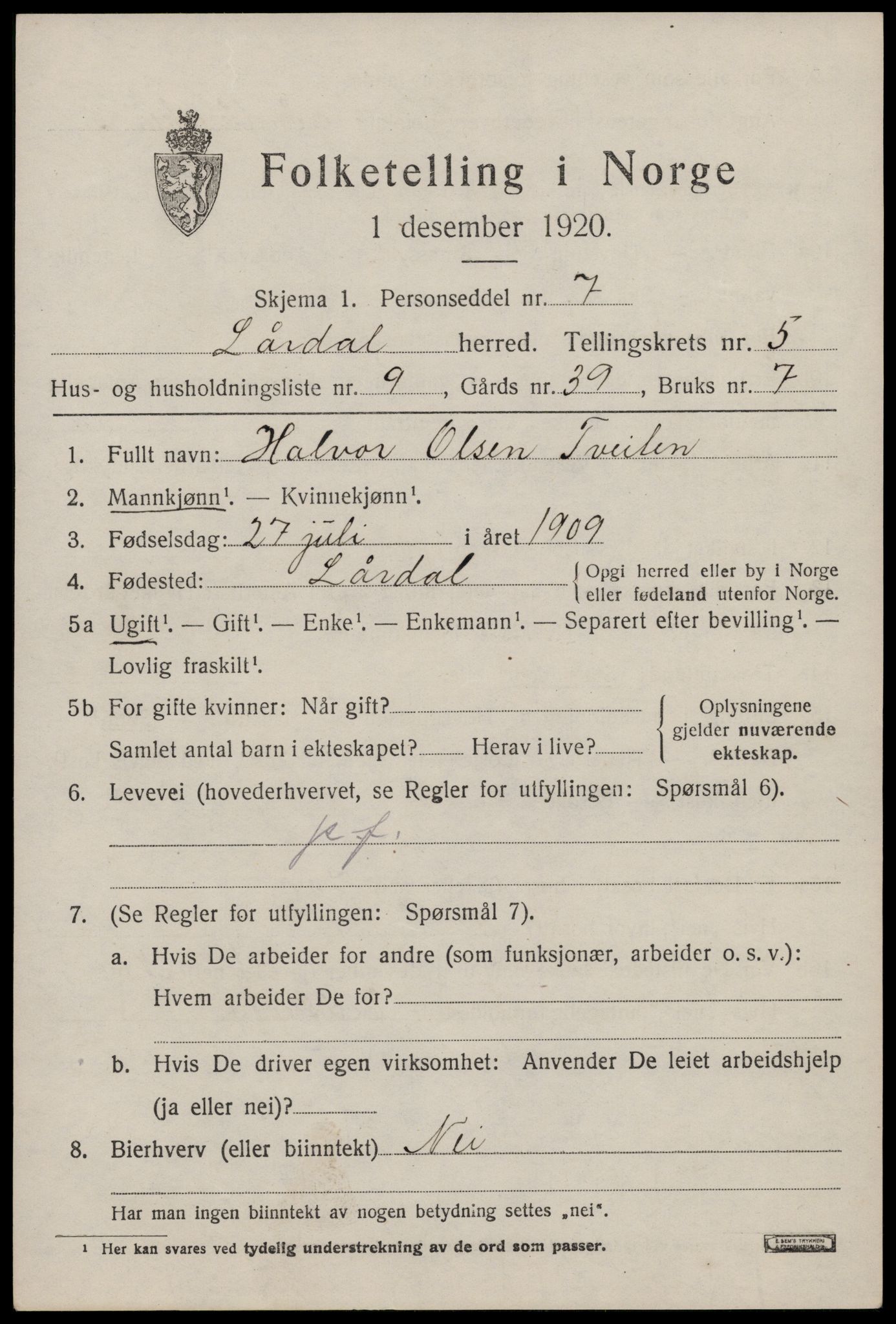 SAKO, 1920 census for Lårdal, 1920, p. 2511