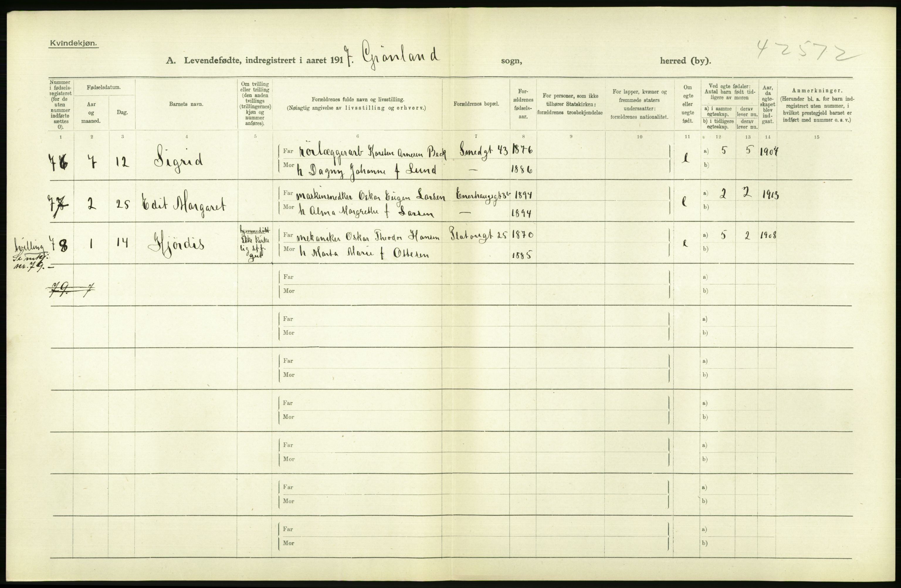 Statistisk sentralbyrå, Sosiodemografiske emner, Befolkning, AV/RA-S-2228/D/Df/Dfb/Dfbg/L0006: Kristiania: Levendefødte menn og kvinner., 1917, p. 48