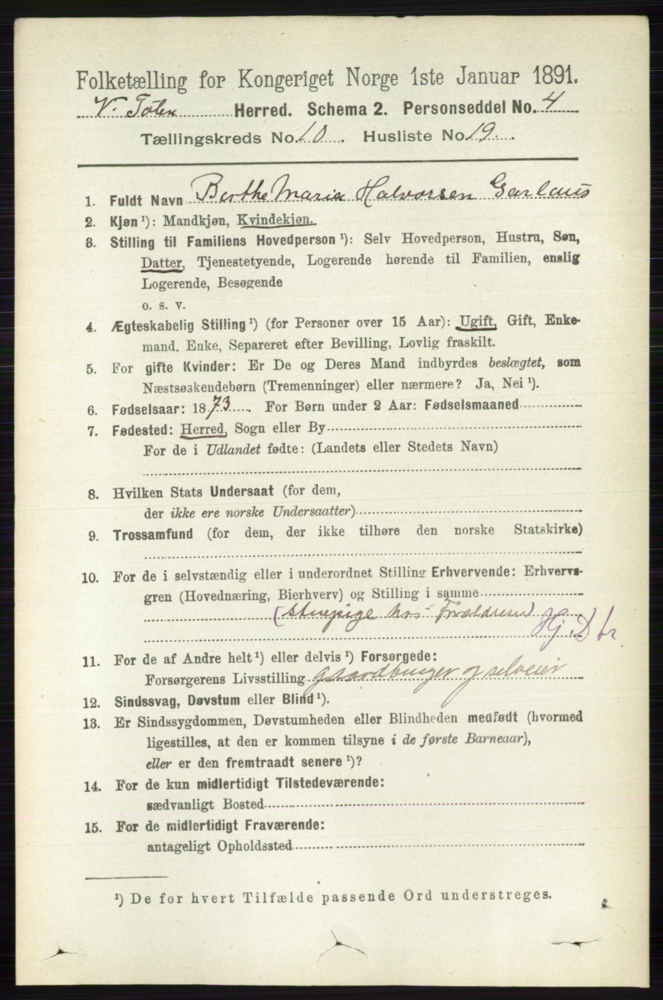 RA, 1891 census for 0529 Vestre Toten, 1891, p. 6302