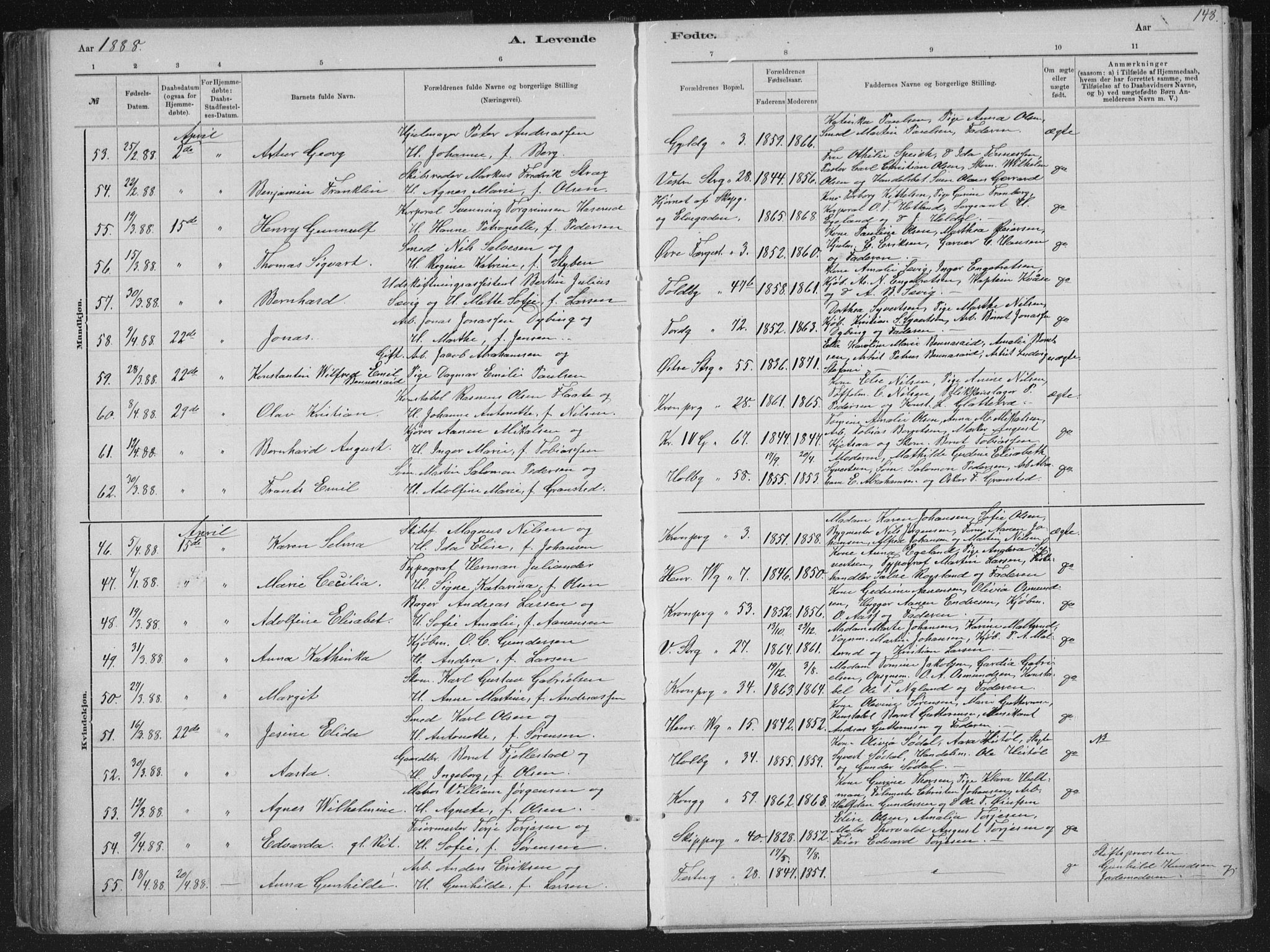 Kristiansand domprosti, AV/SAK-1112-0006/F/Fb/L0014: Parish register (copy) no. B 14, 1881-1896, p. 148