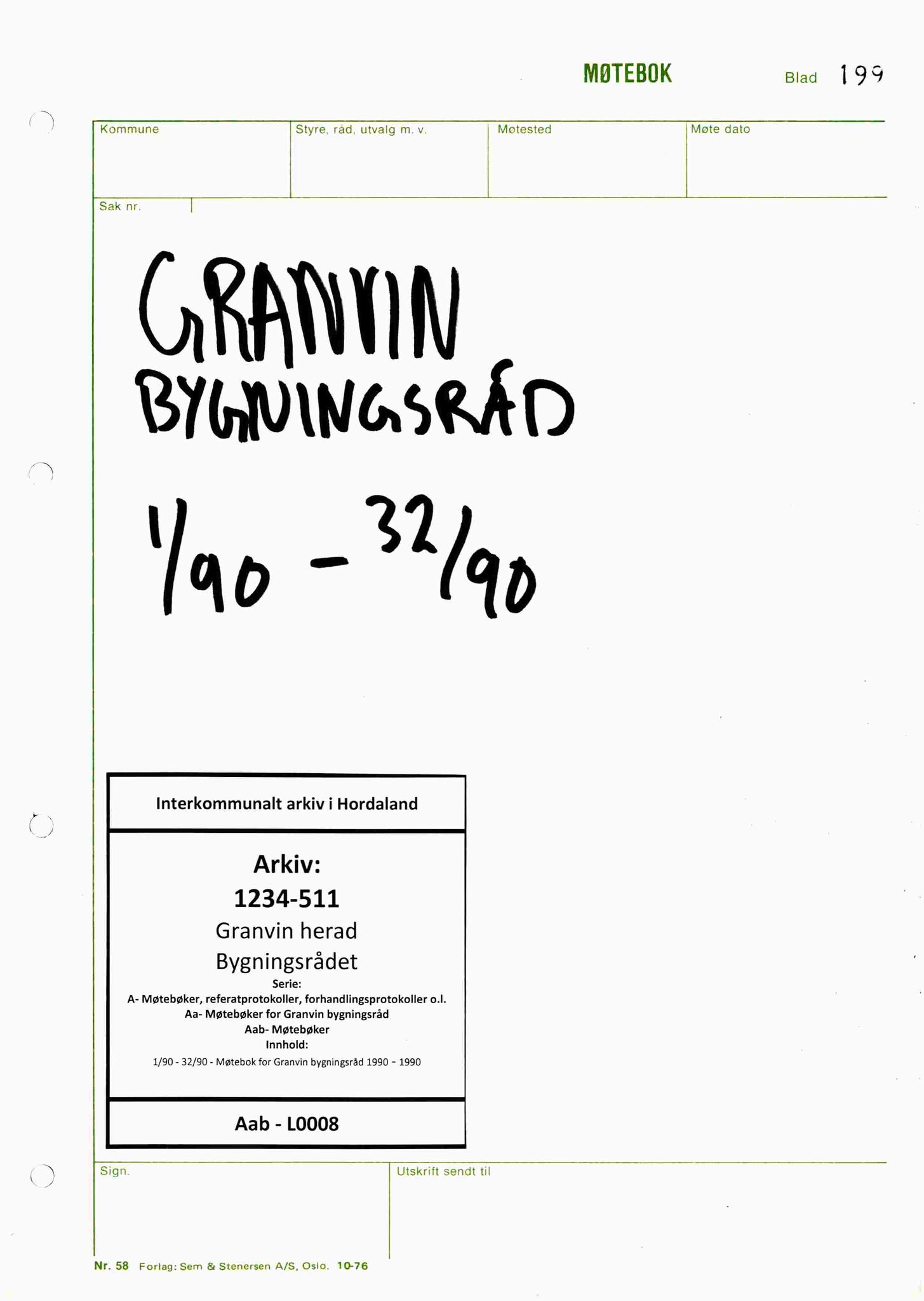 Granvin herad. Bygningsrådet, IKAH/1234-511/A/Aa/Aab/L0008: Møtebok for Granvin bygningsråd, 1990