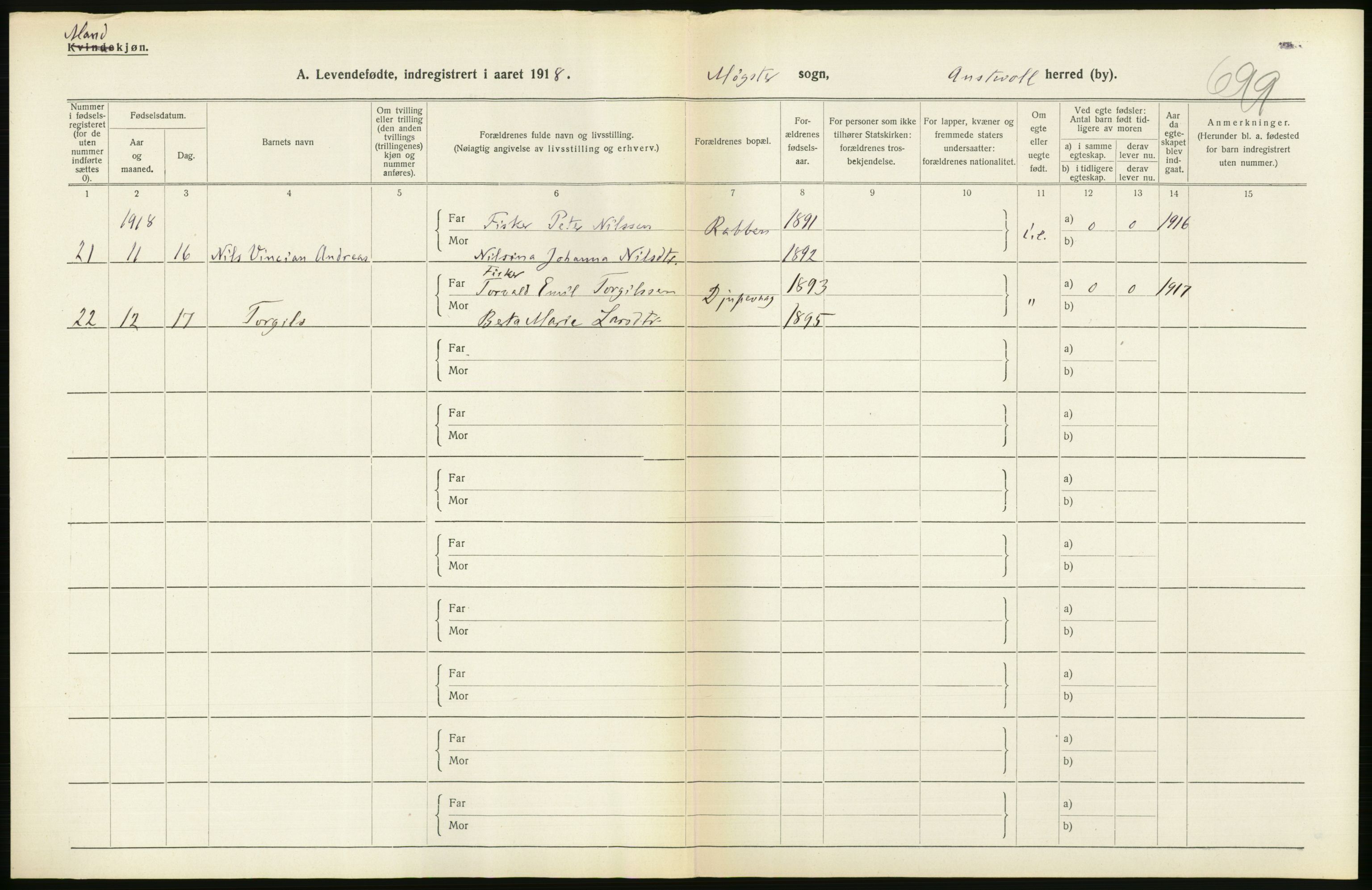 Statistisk sentralbyrå, Sosiodemografiske emner, Befolkning, RA/S-2228/D/Df/Dfb/Dfbh/L0034: Hordaland fylke: Levendefødte menn og kvinner. Bygder., 1918, p. 252