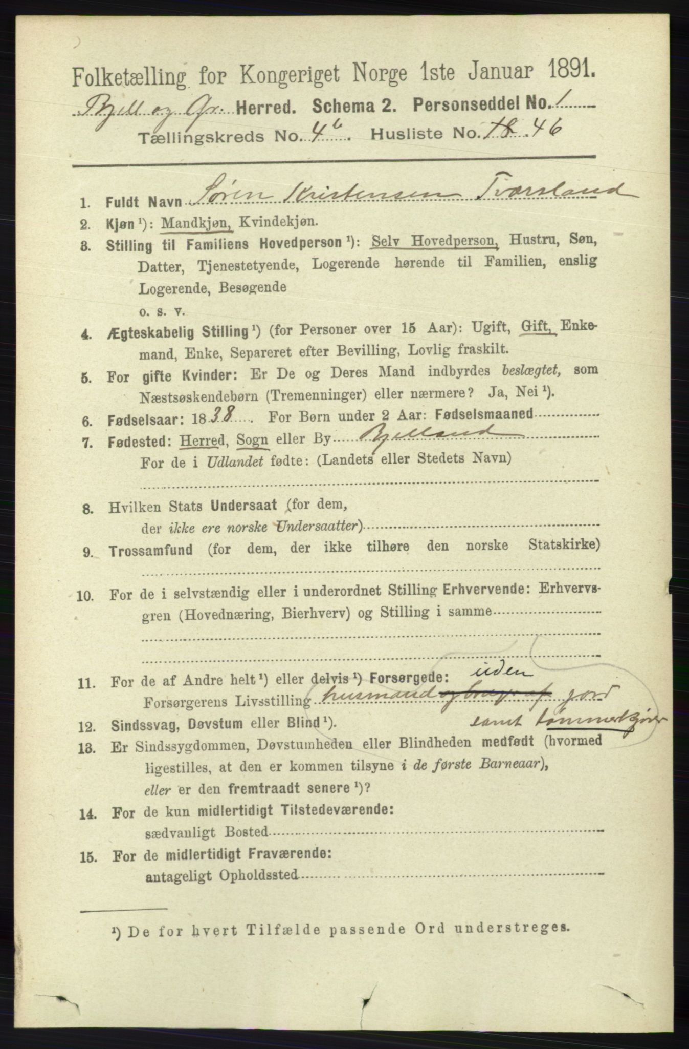 RA, 1891 census for 1024 Bjelland og Grindheim, 1891, p. 2367
