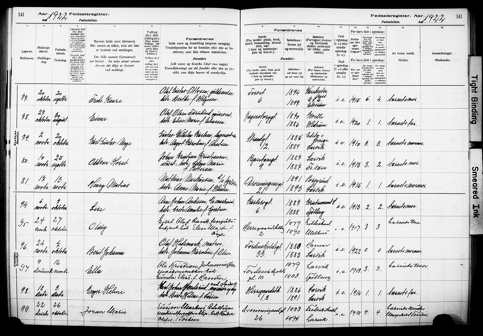 Larvik kirkebøker, AV/SAKO-A-352/J/Ja/L0001: Birth register no. I 1, 1916-1926, p. 141