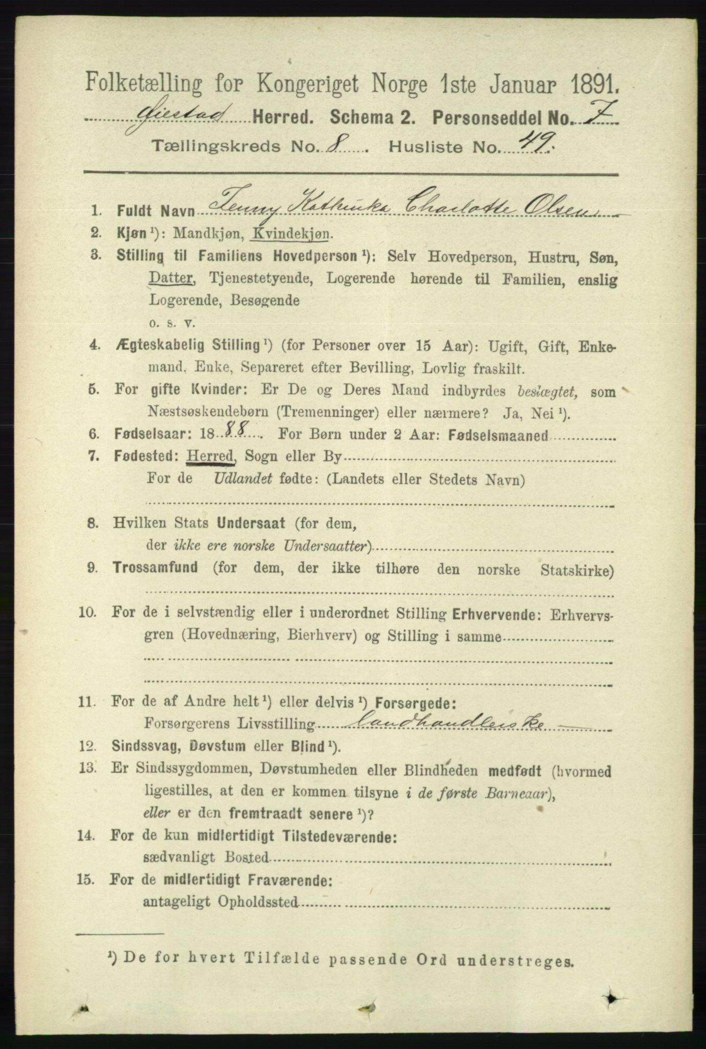 RA, 1891 census for 0920 Øyestad, 1891, p. 3468