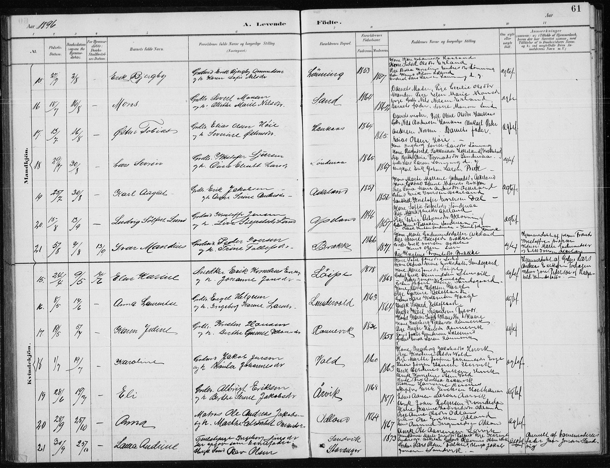 Tysvær sokneprestkontor, AV/SAST-A -101864/H/Ha/Hab/L0004: Parish register (copy) no. B 4, 1883-1896, p. 61