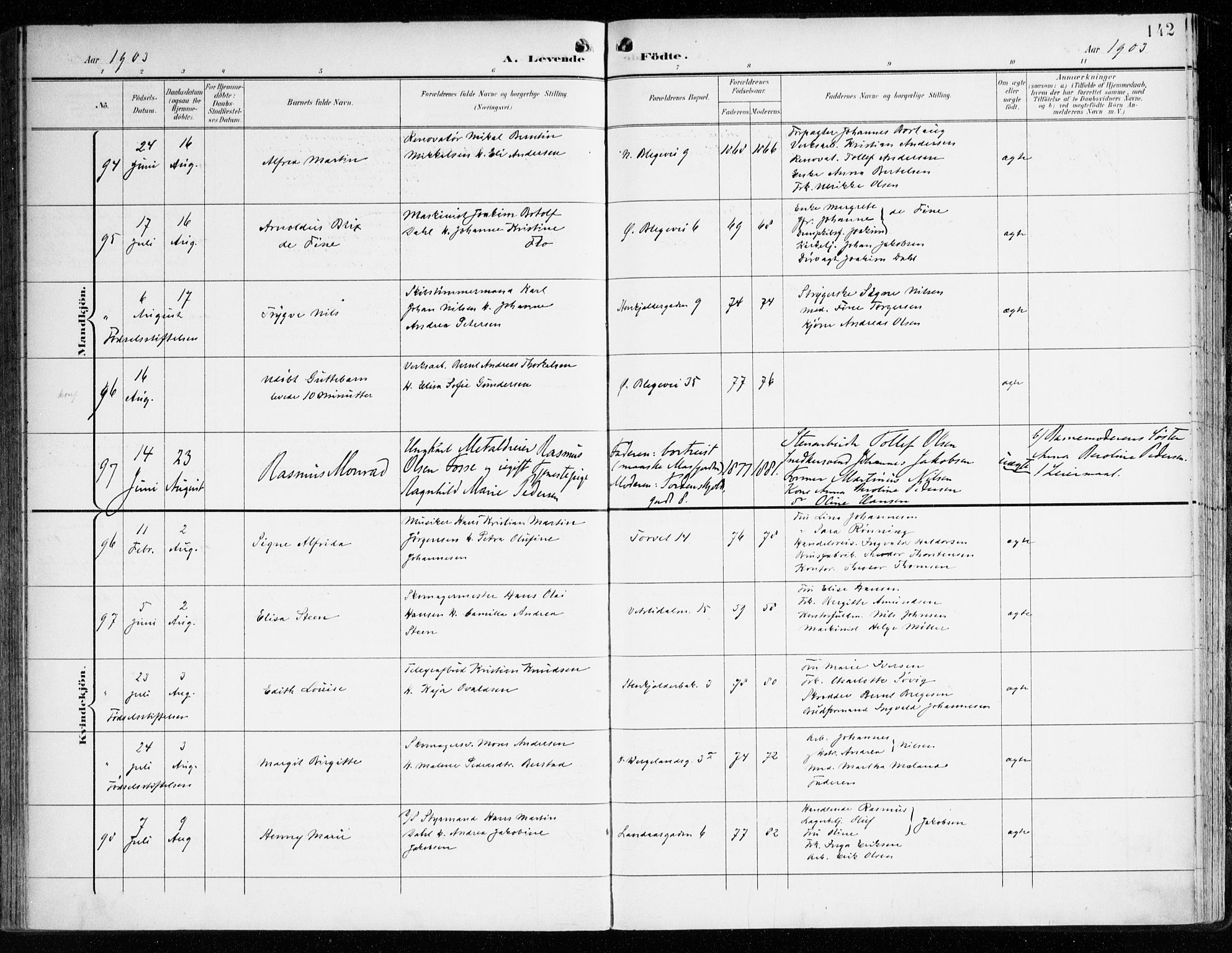 Korskirken sokneprestembete, SAB/A-76101/H/Haa/L0023: Parish register (official) no. B 9, 1899-1908, p. 142