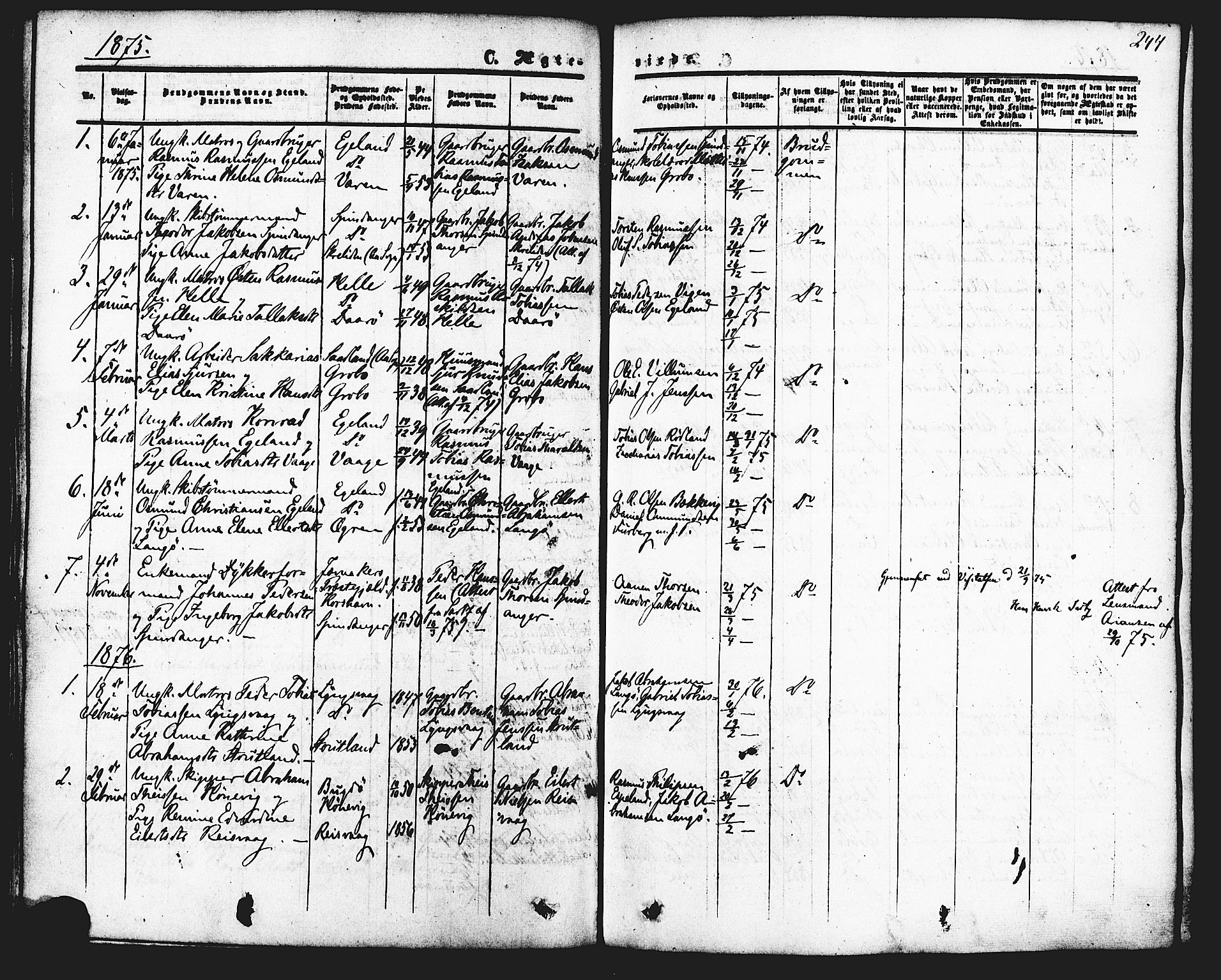 Herad sokneprestkontor, SAK/1111-0018/F/Fa/Fab/L0004: Parish register (official) no. A 4, 1853-1885, p. 244