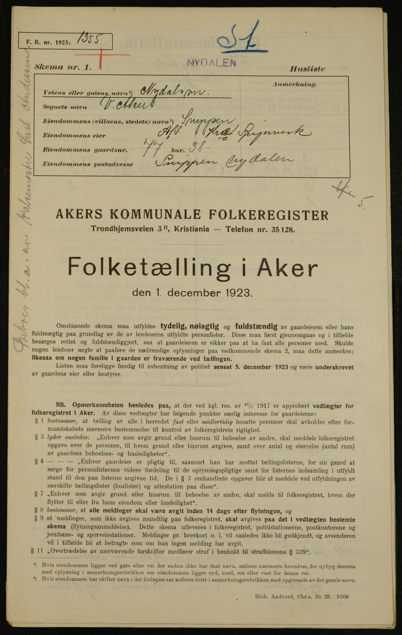 , Municipal Census 1923 for Aker, 1923, p. 16321