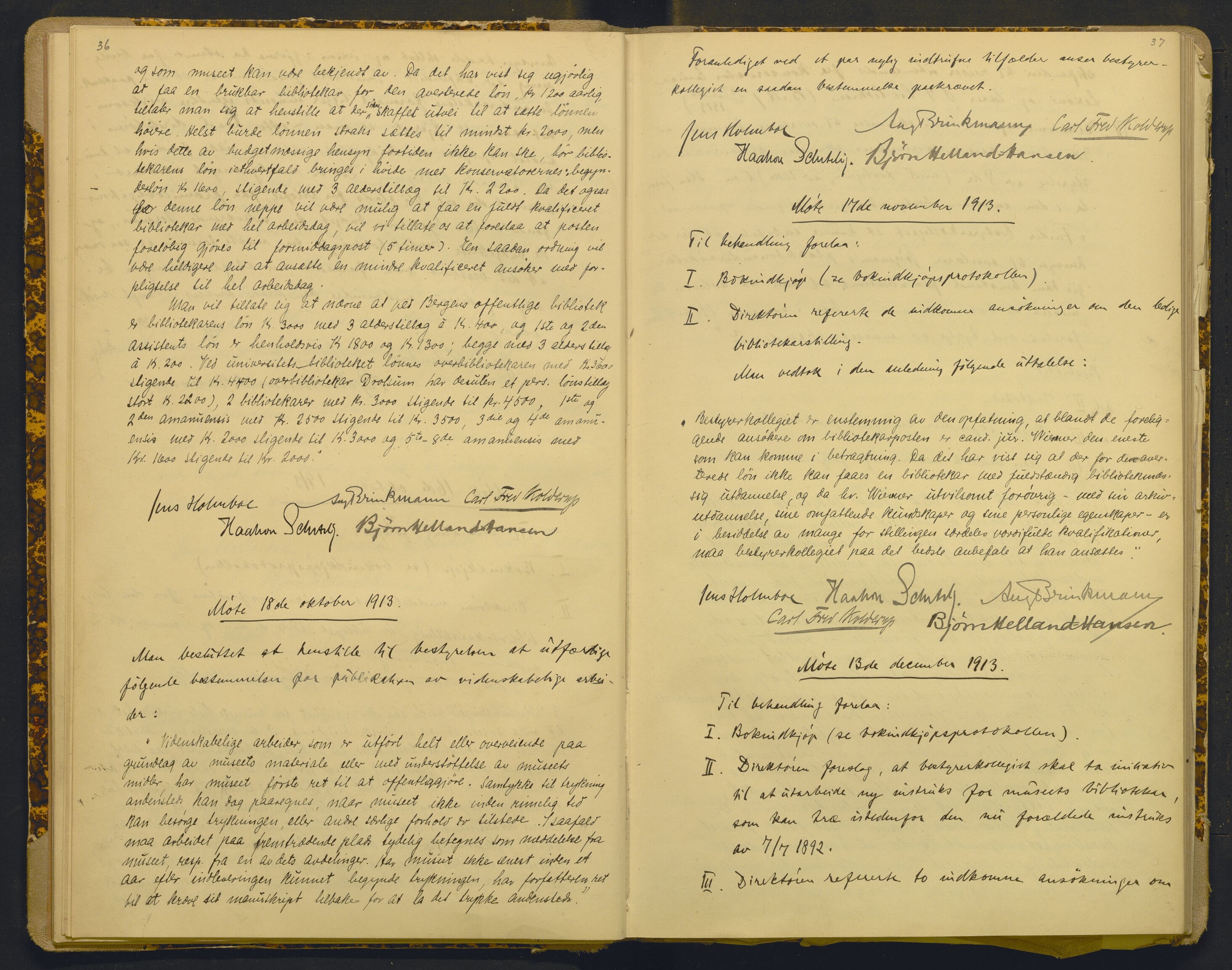Bergens Museum, AV/SAB-A-17301/18/A/L0001: Bestyrerkollegiets forhandlingsprotokoll med register , 1907-1927, p. 36-37