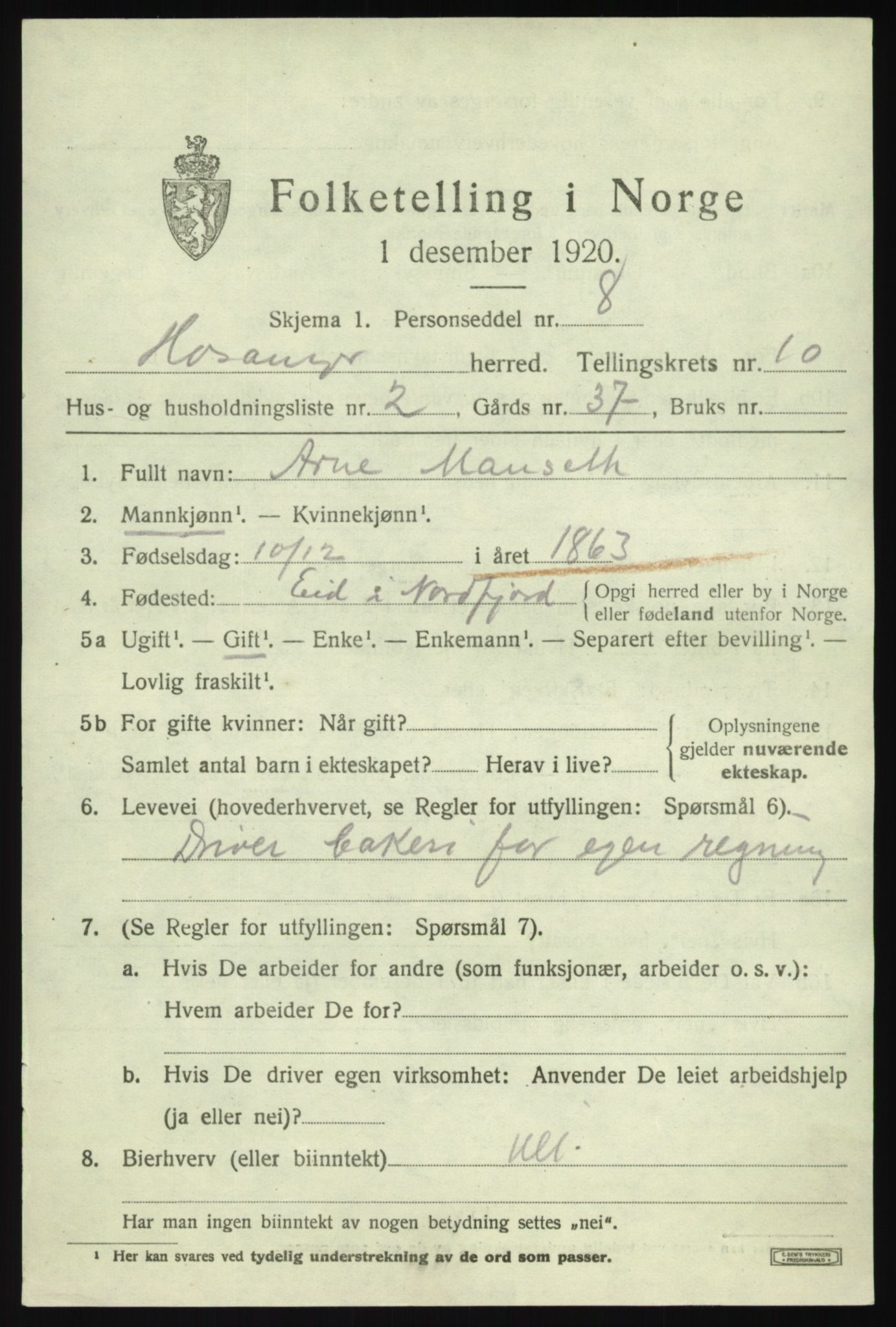 SAB, 1920 census for Hosanger, 1920, p. 4225