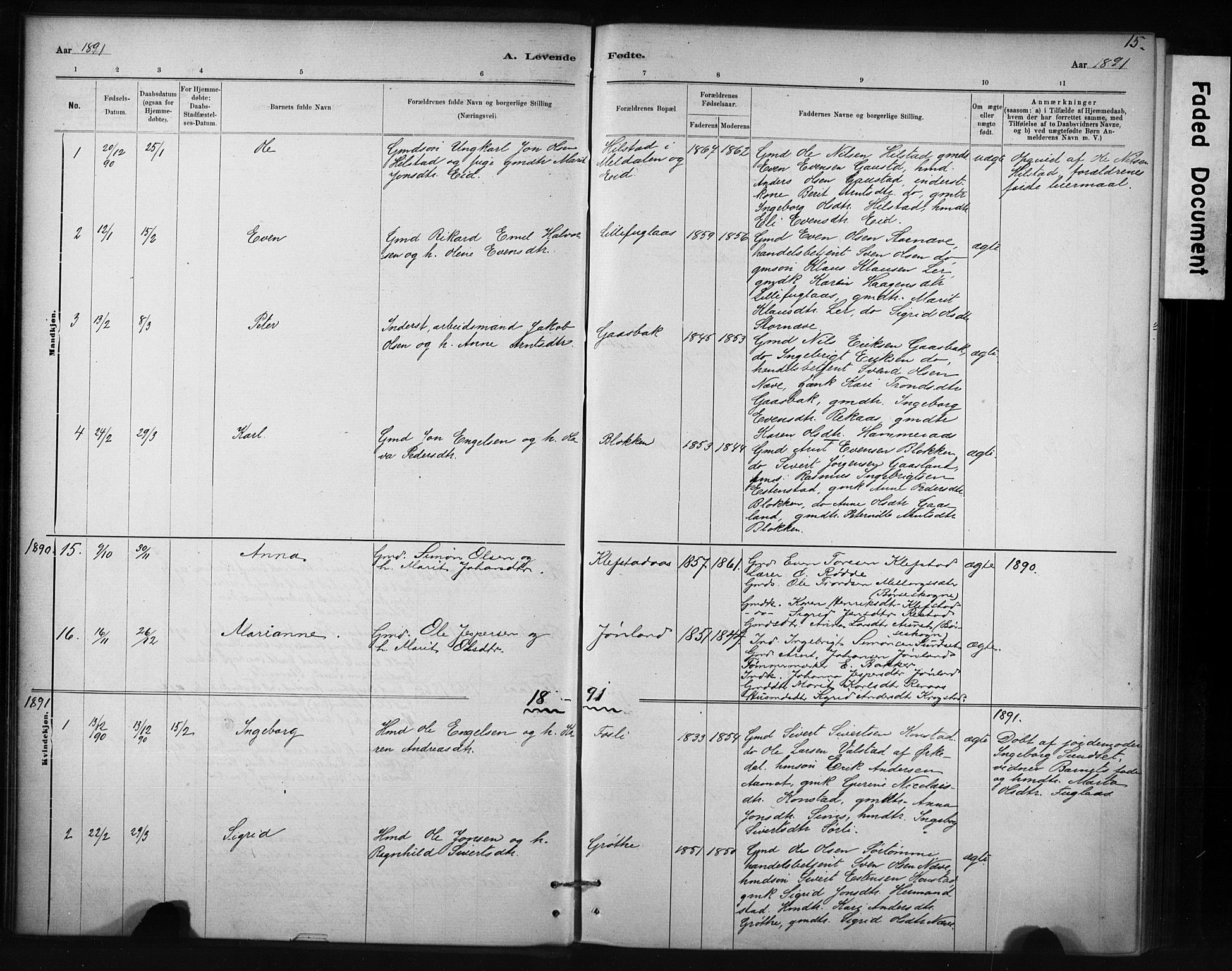 Ministerialprotokoller, klokkerbøker og fødselsregistre - Sør-Trøndelag, SAT/A-1456/694/L1127: Parish register (official) no. 694A01, 1887-1905, p. 15