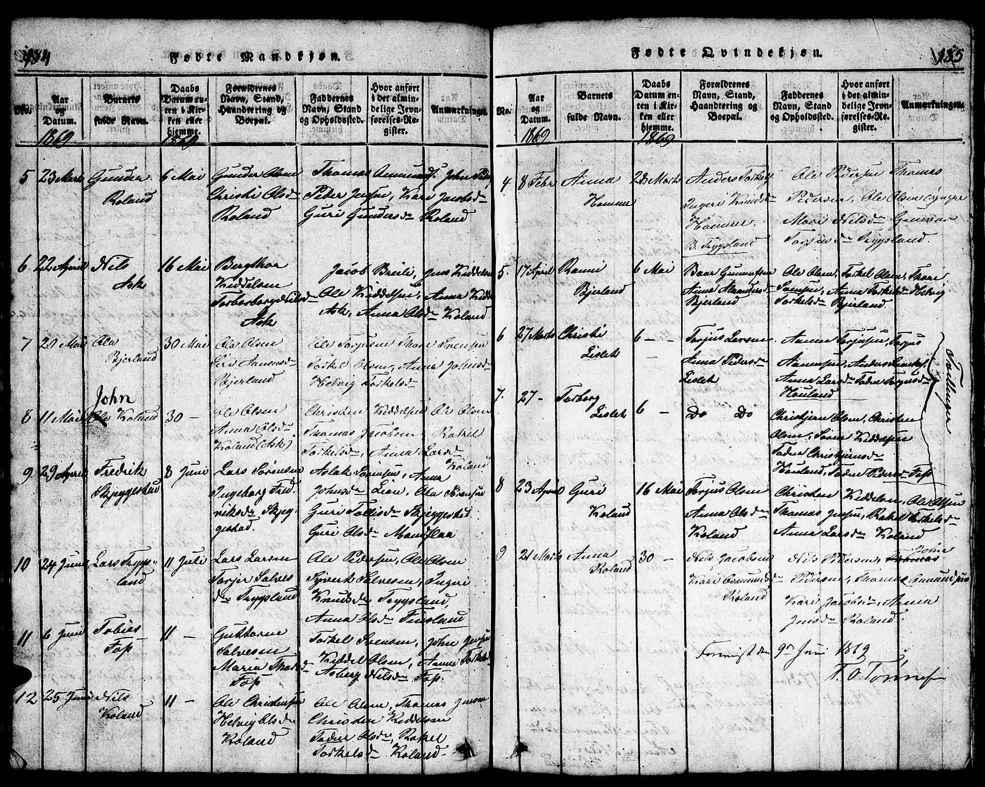 Bjelland sokneprestkontor, AV/SAK-1111-0005/F/Fb/Fba/L0003: Parish register (copy) no. B 3, 1816-1870, p. 184-185