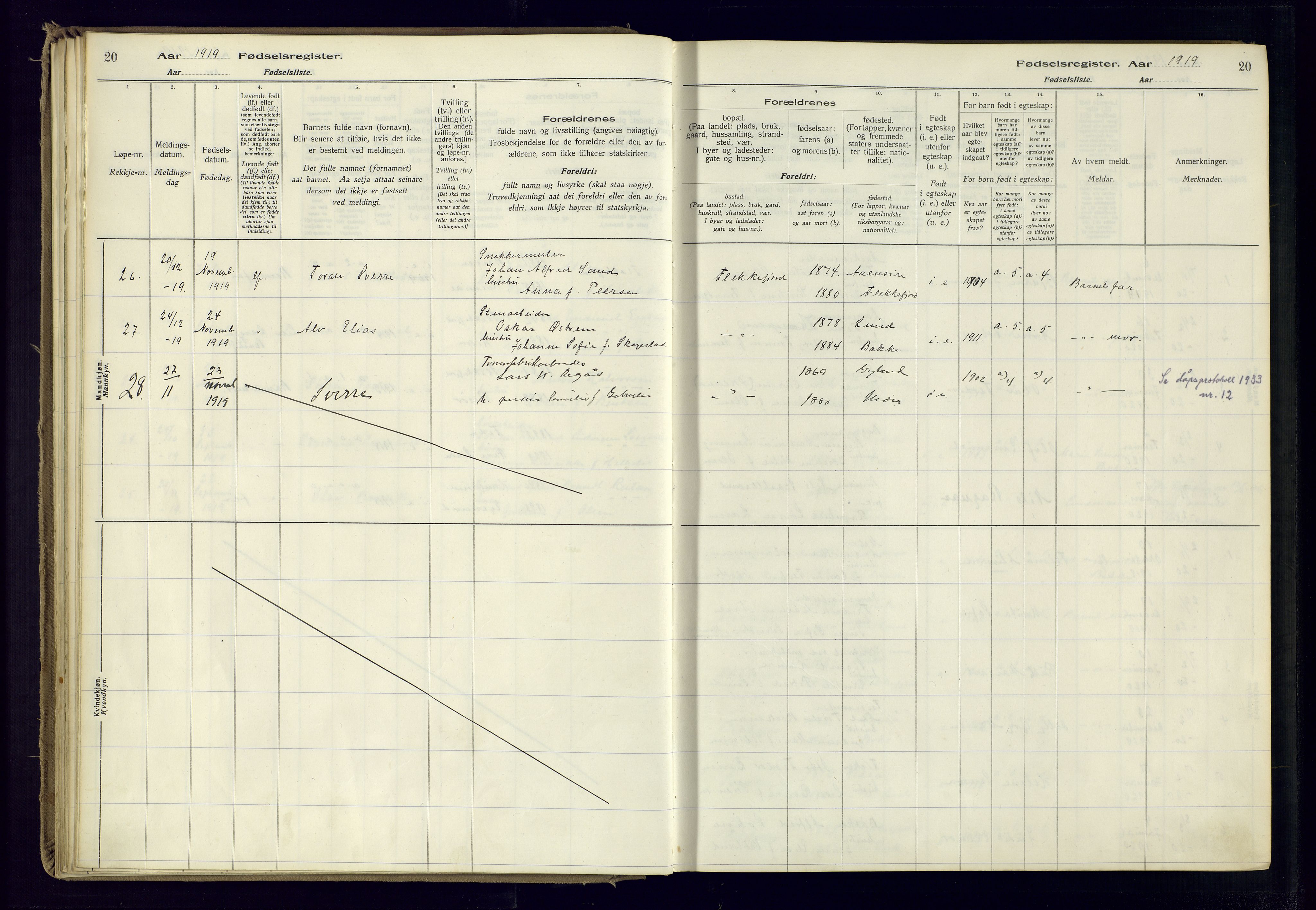 Flekkefjord sokneprestkontor, SAK/1111-0012/J/Ja/L0001: Birth register no. 1, 1916-1948, p. 20