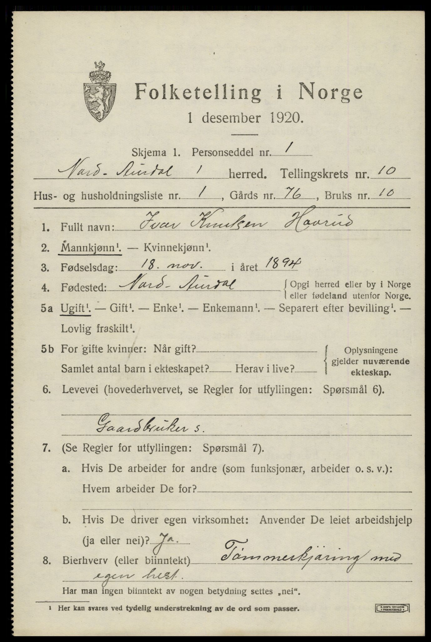 SAH, 1920 census for Nord-Aurdal, 1920, p. 7878