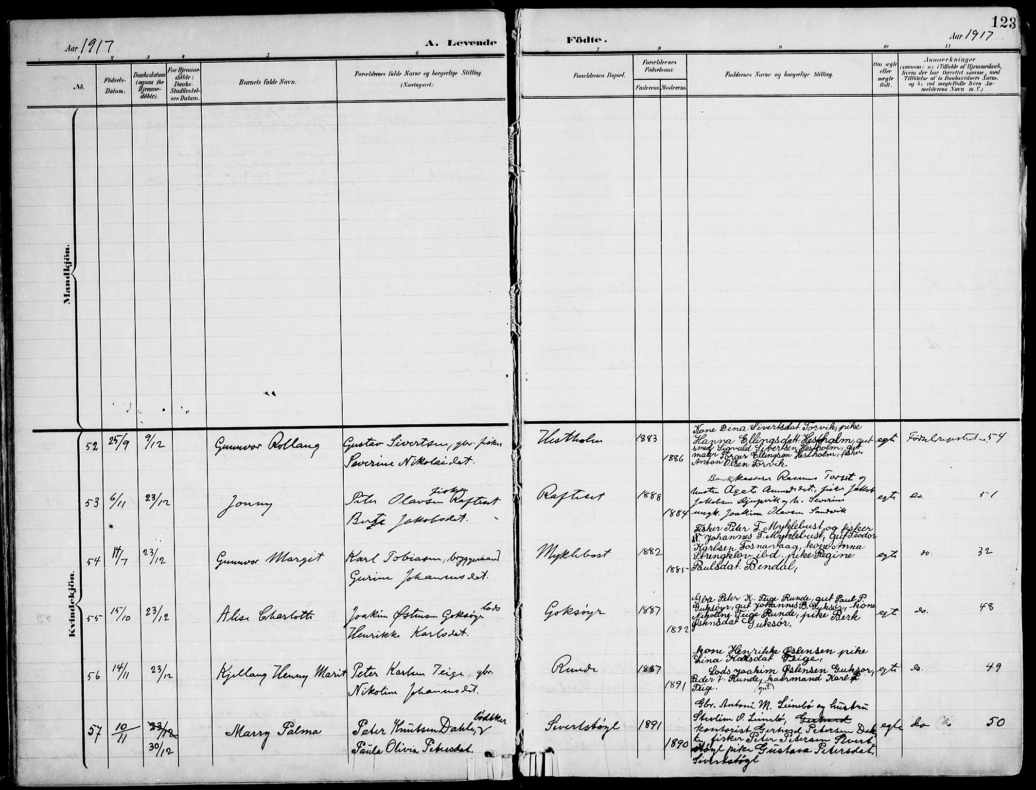 Ministerialprotokoller, klokkerbøker og fødselsregistre - Møre og Romsdal, SAT/A-1454/507/L0075: Parish register (official) no. 507A10, 1901-1920, p. 123