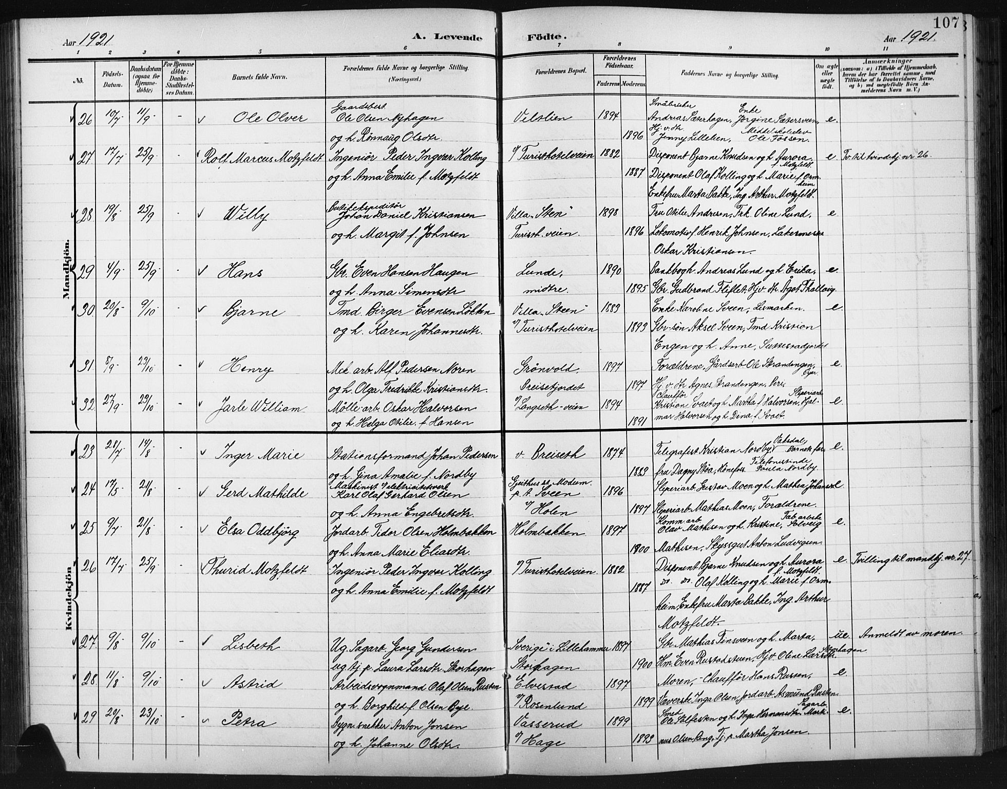 Fåberg prestekontor, SAH/PREST-086/H/Ha/Hab/L0012: Parish register (copy) no. 12, 1903-1924, p. 107