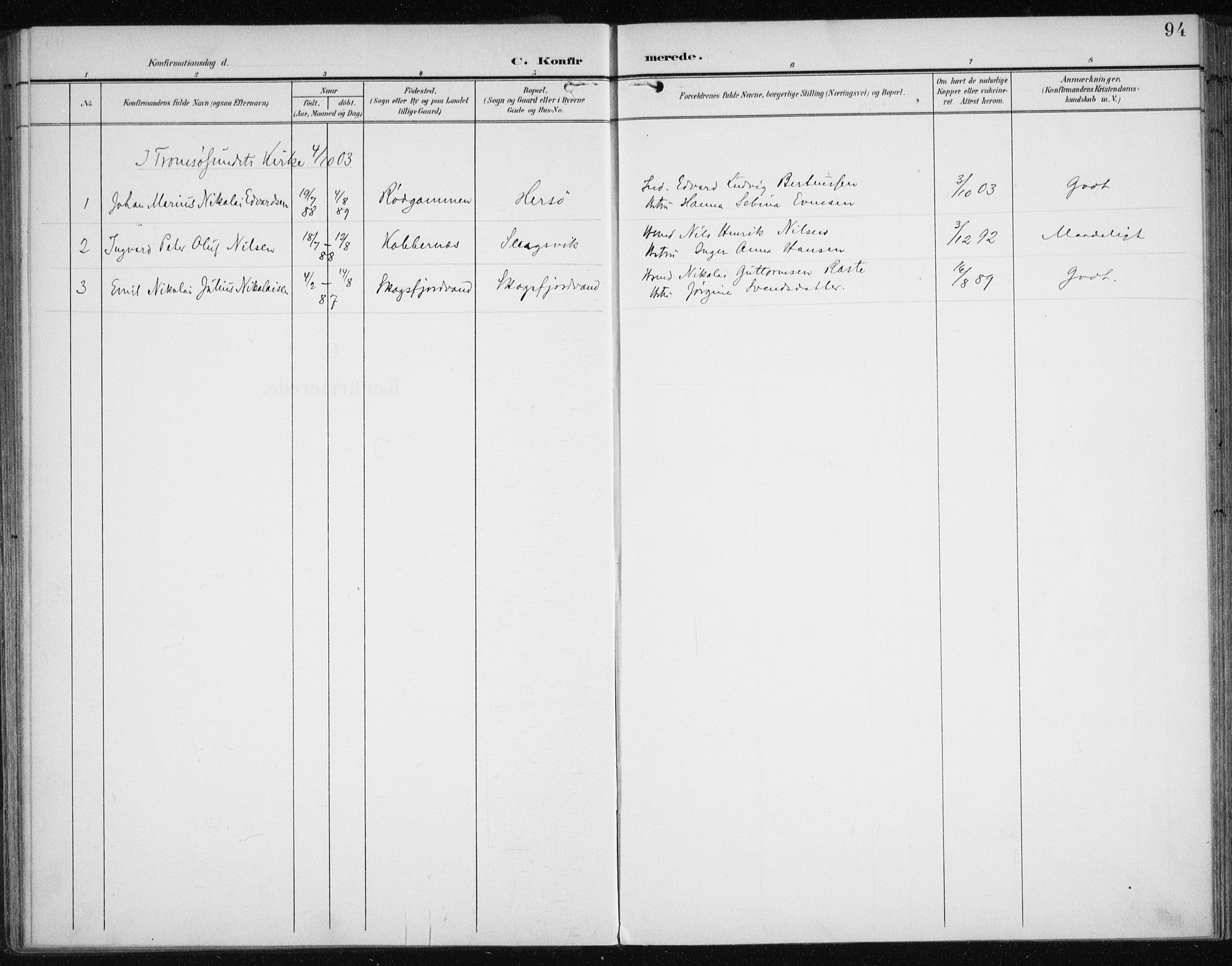 Karlsøy sokneprestembete, SATØ/S-1299/H/Ha/Haa/L0013kirke: Parish register (official) no. 13, 1902-1916, p. 94