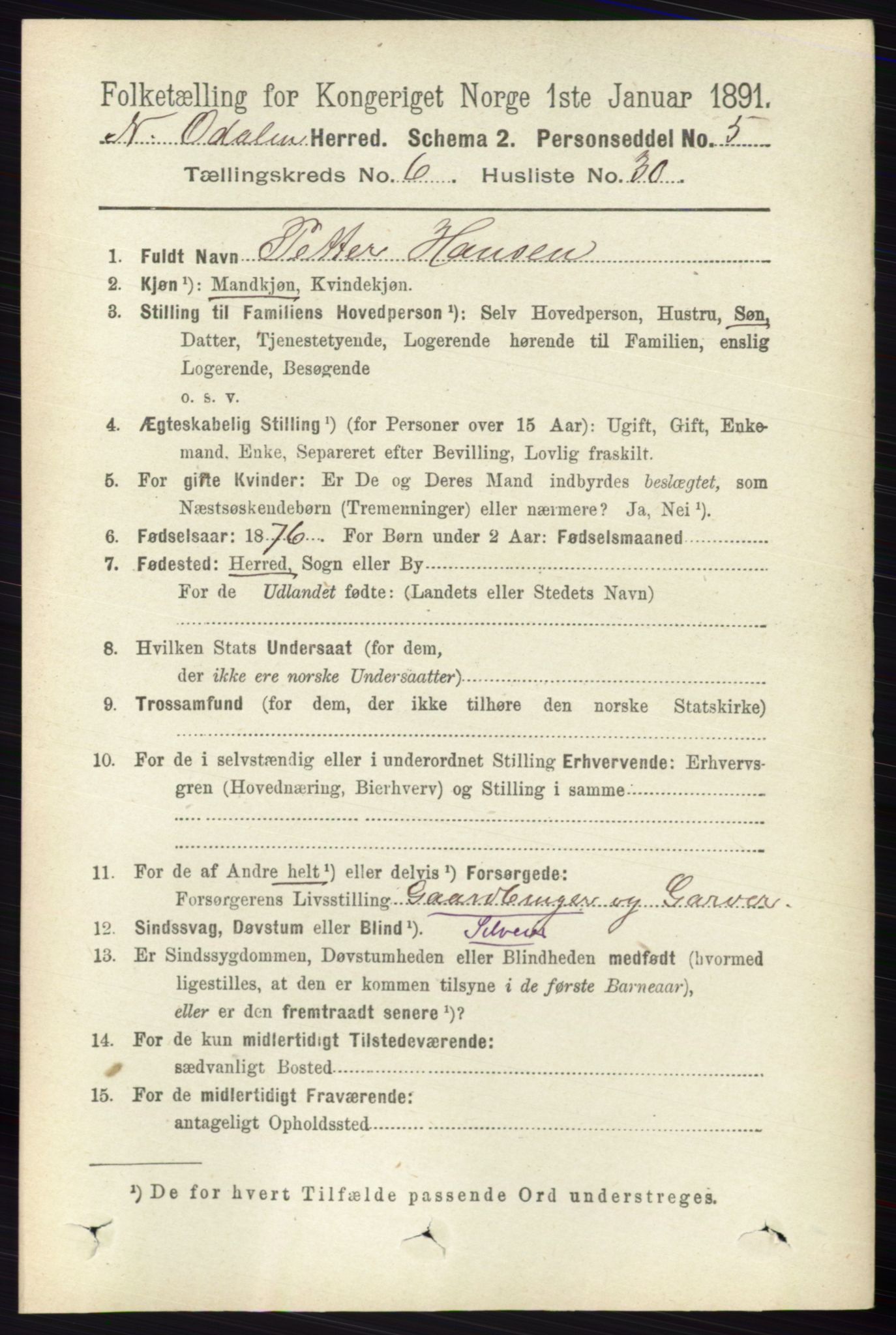 RA, 1891 census for 0418 Nord-Odal, 1891, p. 2476