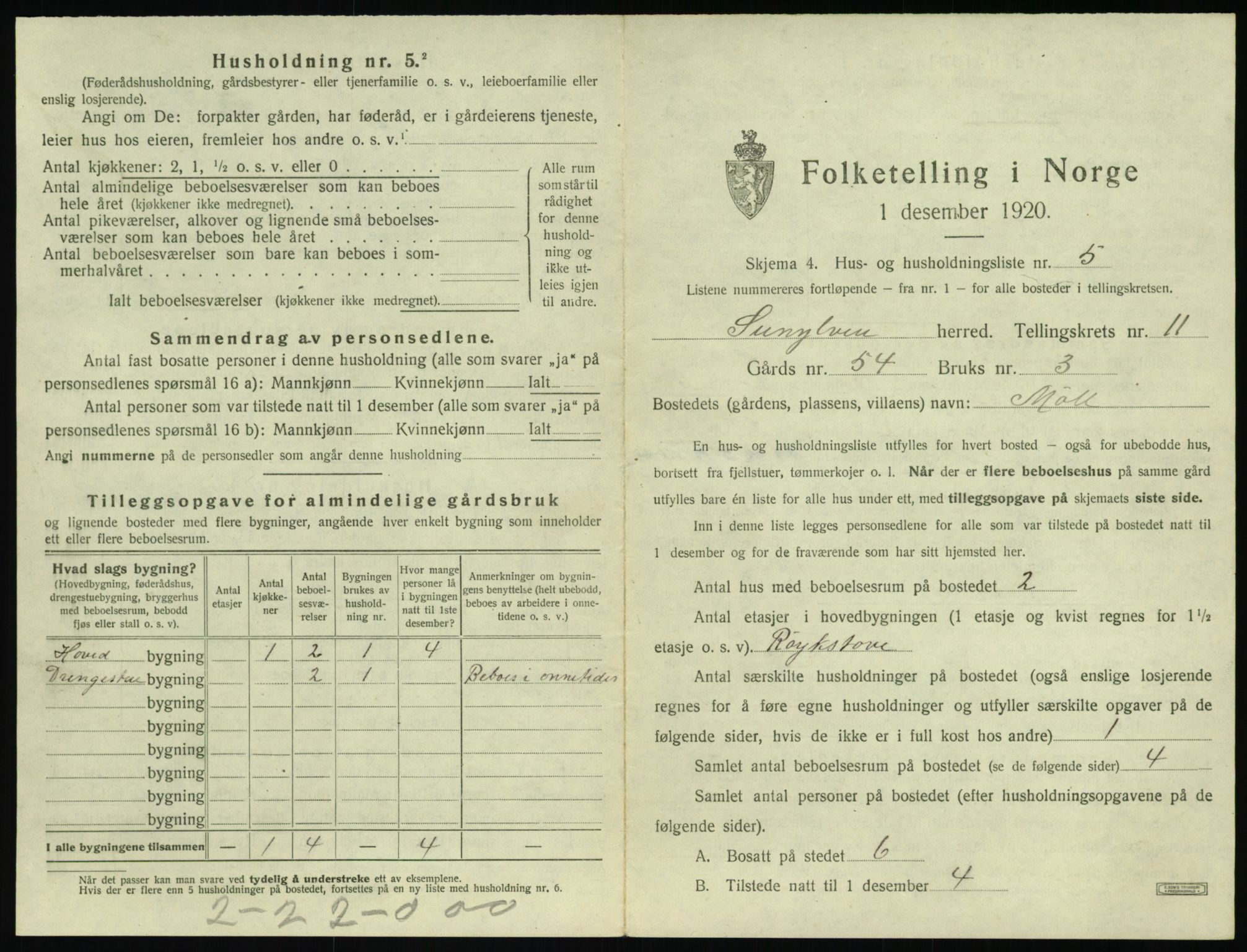 SAT, 1920 census for Sunnylven, 1920, p. 466