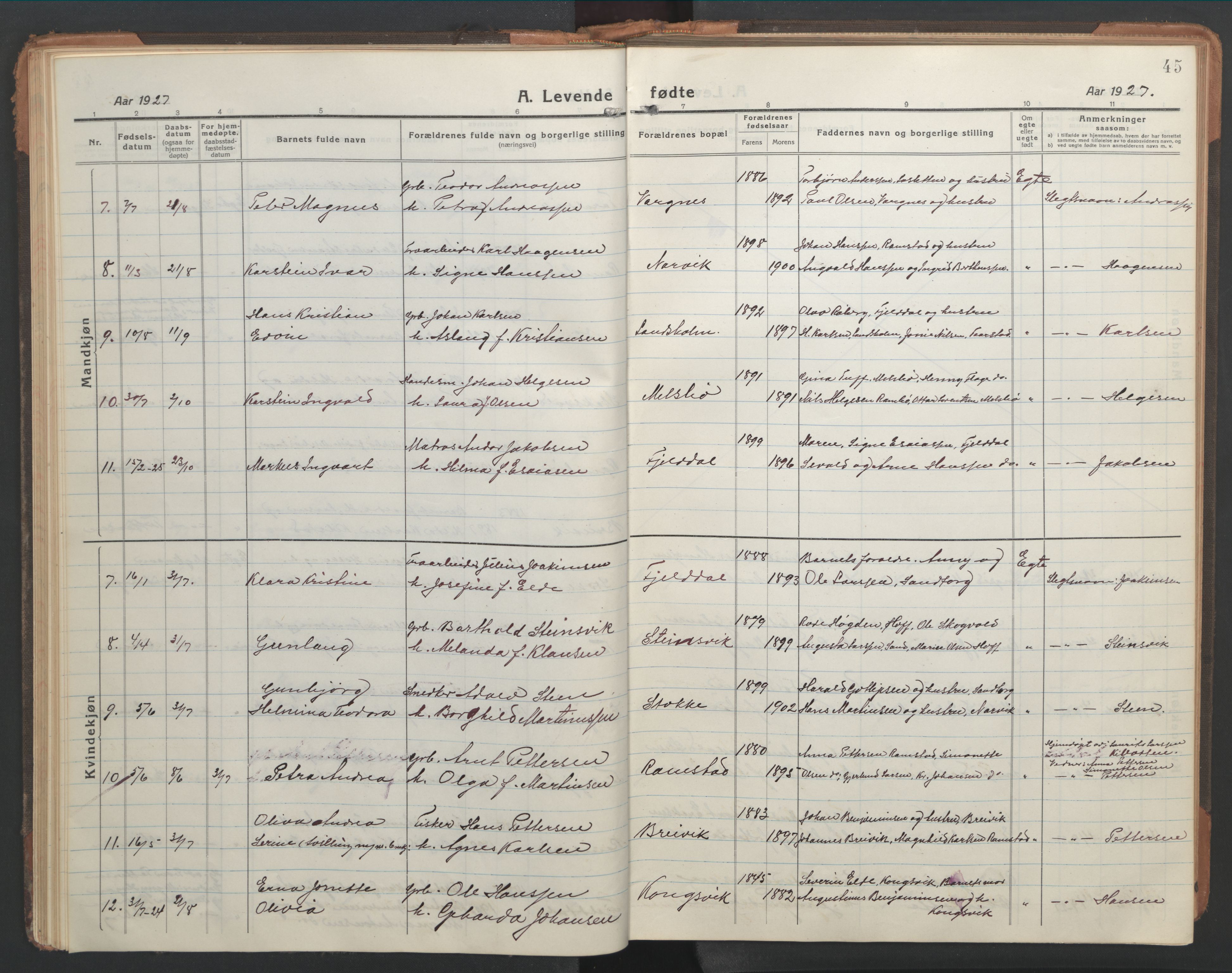 Ministerialprotokoller, klokkerbøker og fødselsregistre - Nordland, AV/SAT-A-1459/865/L0933: Parish register (copy) no. 865C05, 1917-1947, p. 45