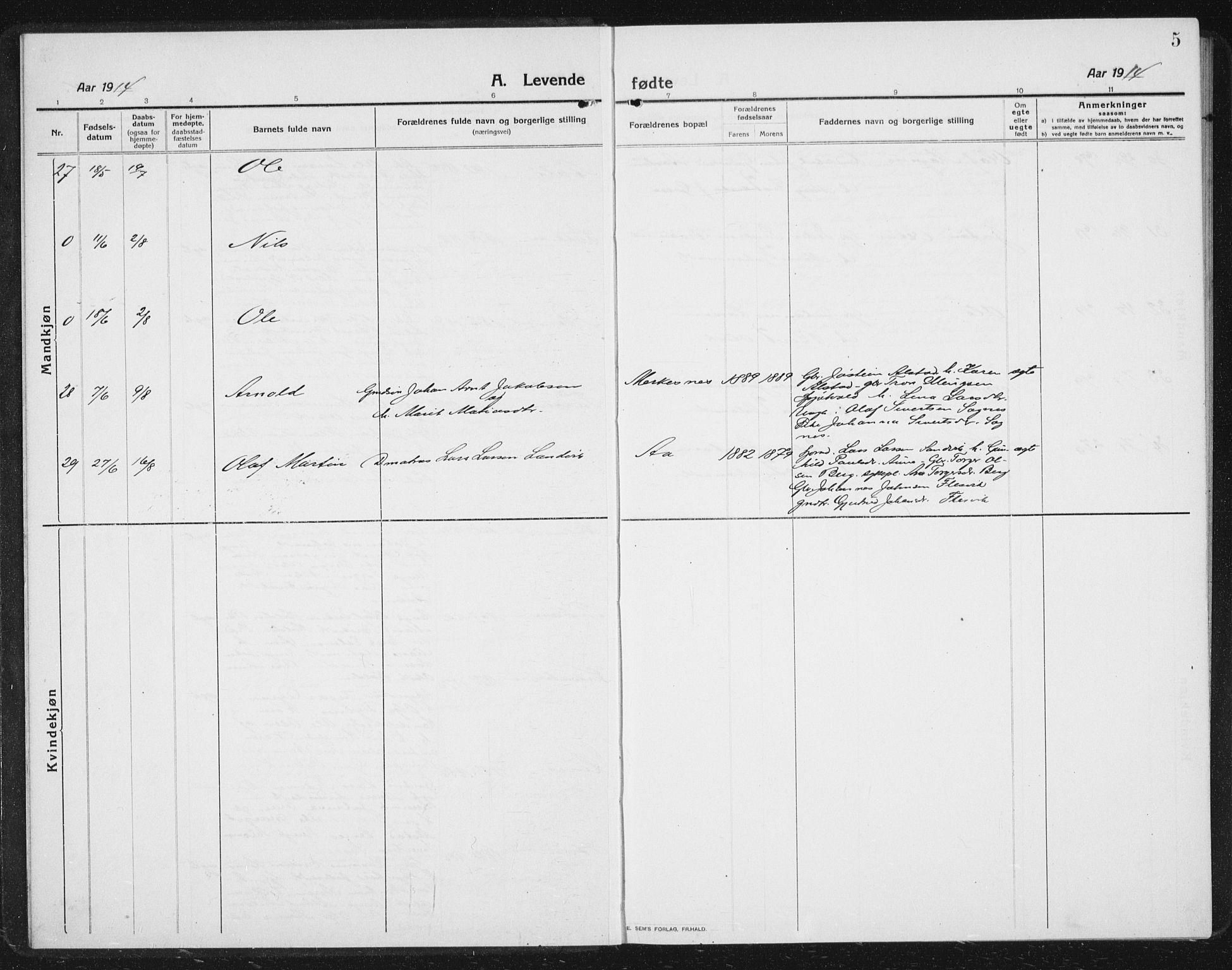 Ministerialprotokoller, klokkerbøker og fødselsregistre - Sør-Trøndelag, SAT/A-1456/630/L0506: Parish register (copy) no. 630C04, 1914-1933, p. 5