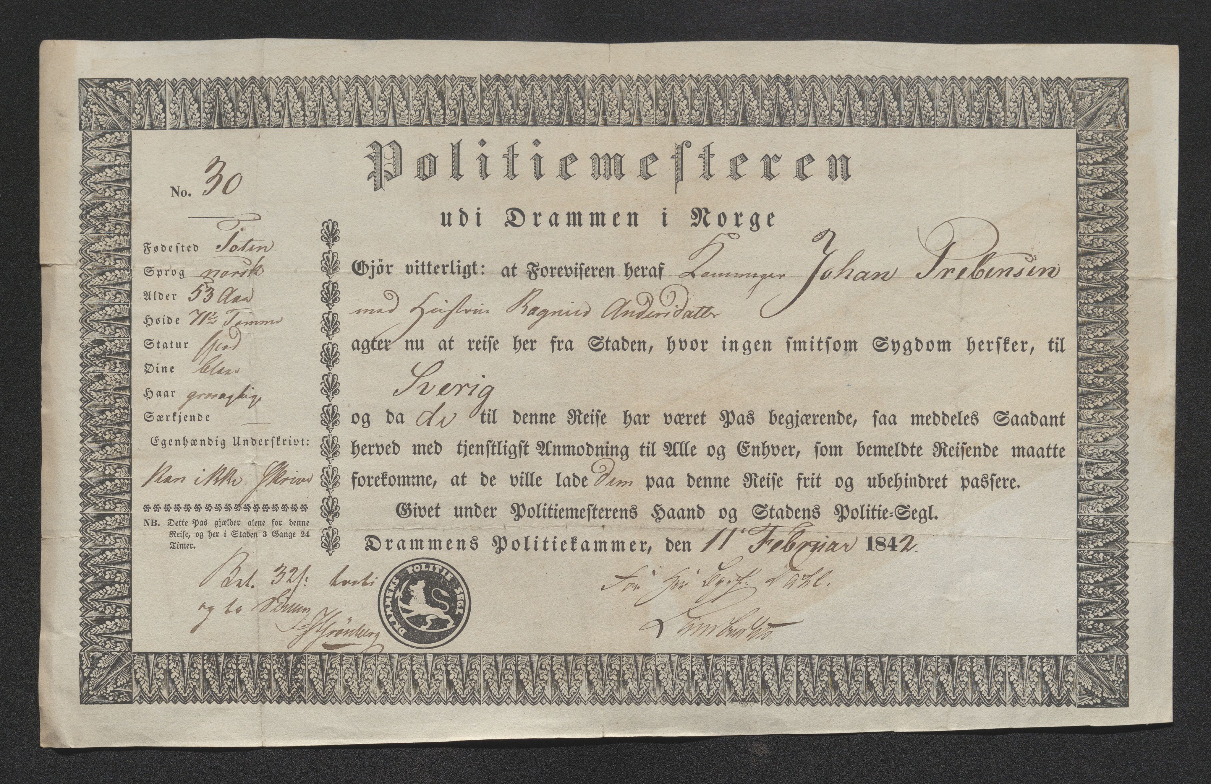 Drammen politikammer, AV/SAKO-A-623/I/Ia/Iab/L0007: Innleverte pass, 1843-1844, p. 37