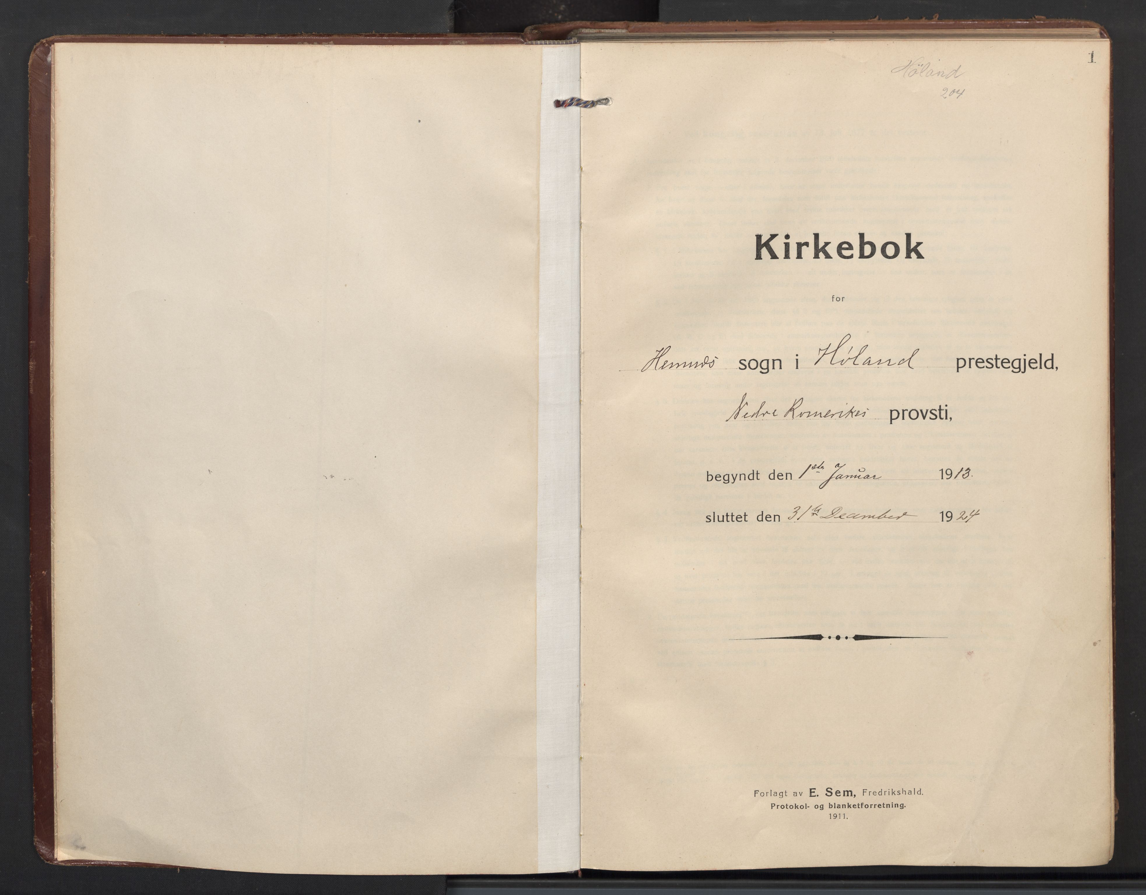 Høland prestekontor Kirkebøker, SAO/A-10346a/F/Fb: Parish register (official) no. II 4, 1913-1924, p. 1
