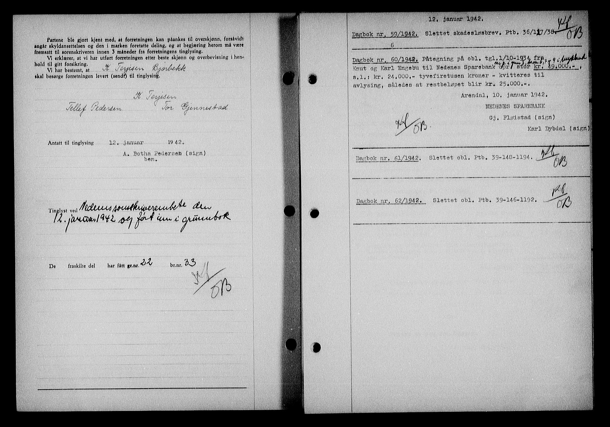 Nedenes sorenskriveri, SAK/1221-0006/G/Gb/Gba/L0049: Mortgage book no. A-III, 1941-1942, Diary no: : 59/1942