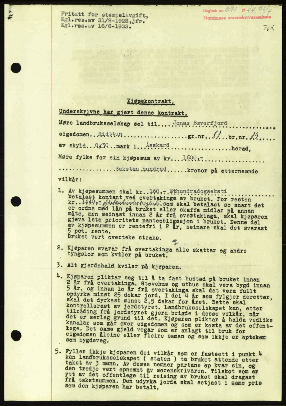 Nordmøre sorenskriveri, AV/SAT-A-4132/1/2/2Ca: Mortgage book no. B91, 1943-1944, Diary no: : 691/1944