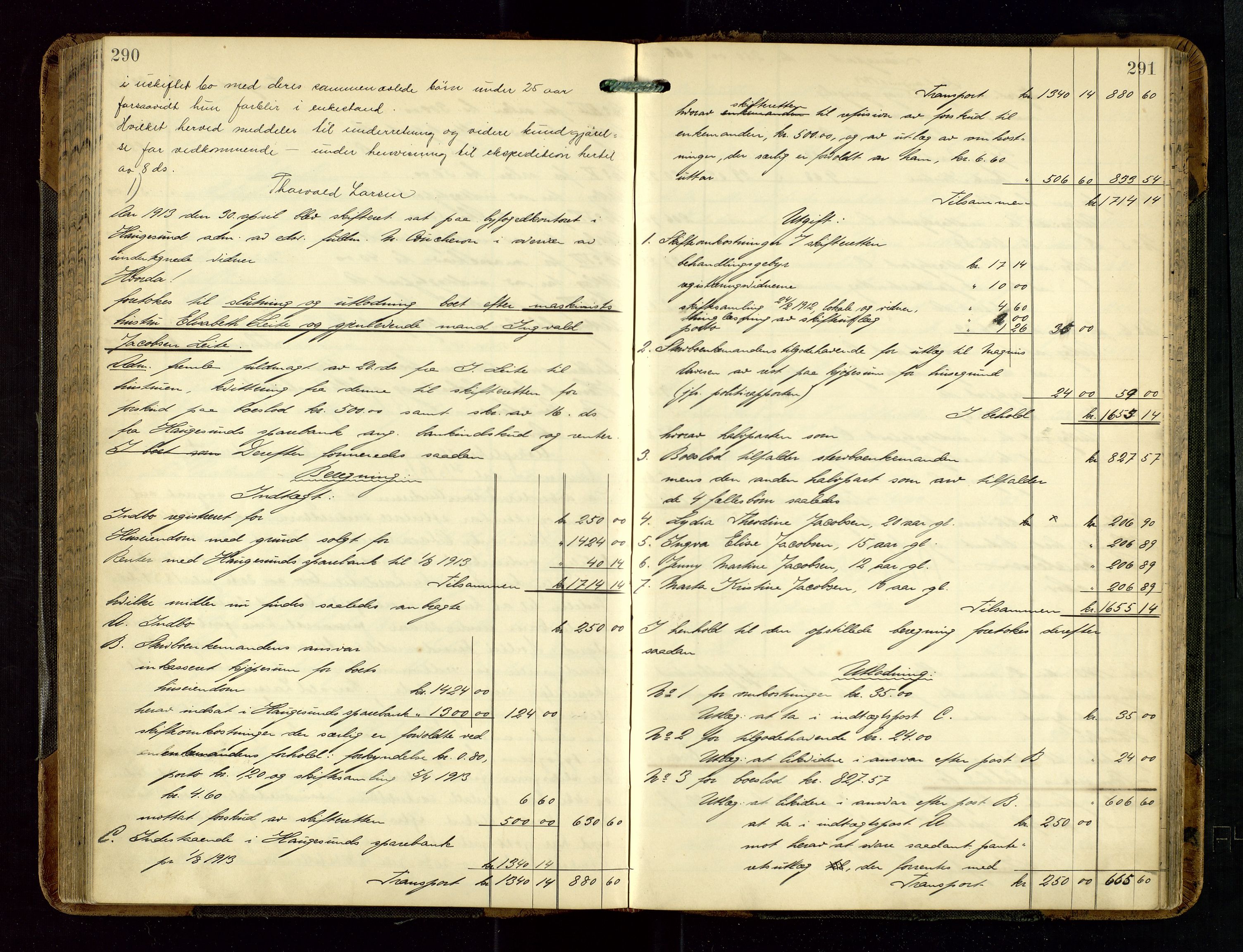 Haugesund tingrett, AV/SAST-A-101415/01/IV/IVD/L0002: Skifteutlodningsprotokoll, med register, 1904-1915, p. 290-291