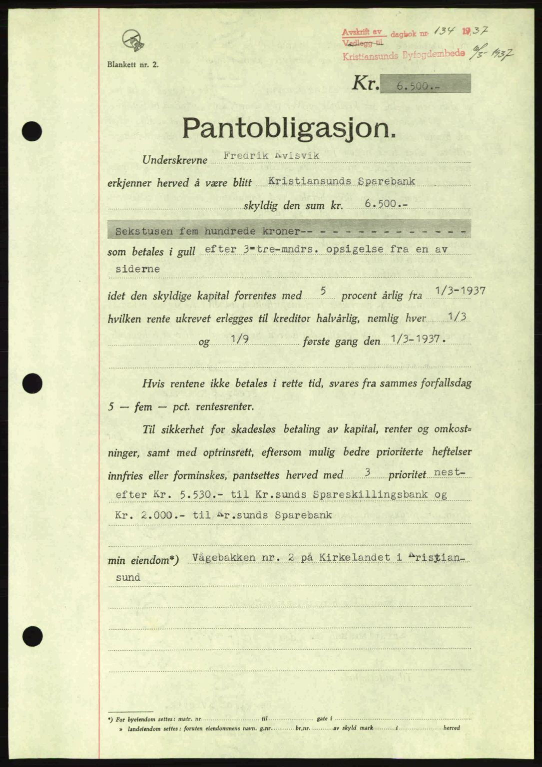 Kristiansund byfogd, AV/SAT-A-4587/A/27: Mortgage book no. 29, 1936-1937, Diary no: : 134/1937