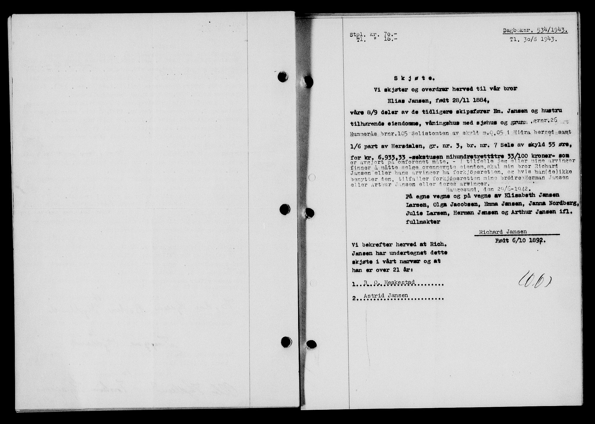 Flekkefjord sorenskriveri, SAK/1221-0001/G/Gb/Gba/L0058: Mortgage book no. A-6, 1942-1944, Diary no: : 534/1943