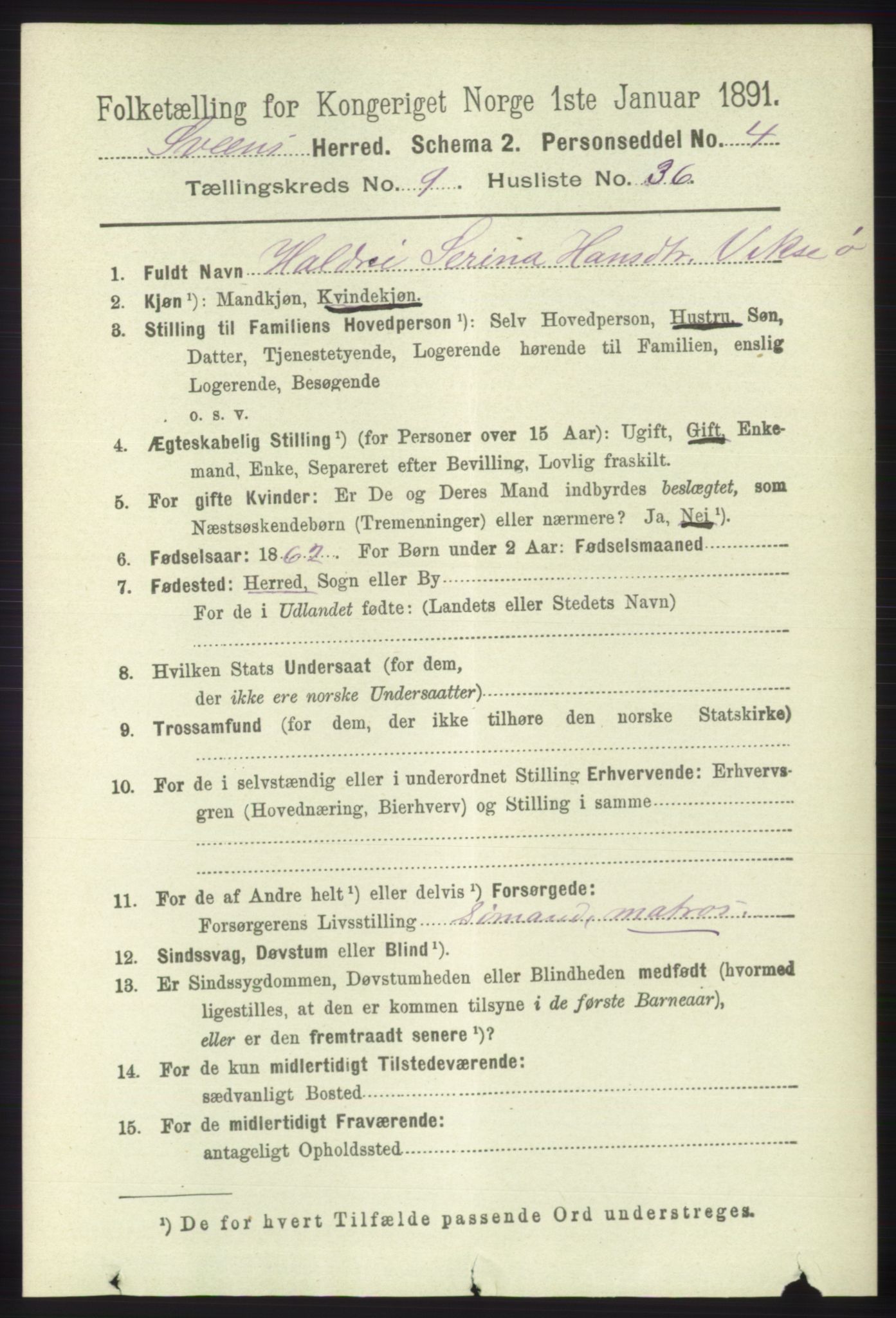 RA, 1891 census for 1216 Sveio, 1891, p. 2875